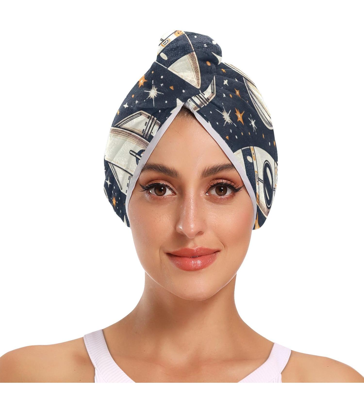 Hand Drawn Seamless Space Hair Towel 2 Pack | Super Absorbent Quick Dry Hair Turbans for Women & Girls - Buy Online on GoSupps.com