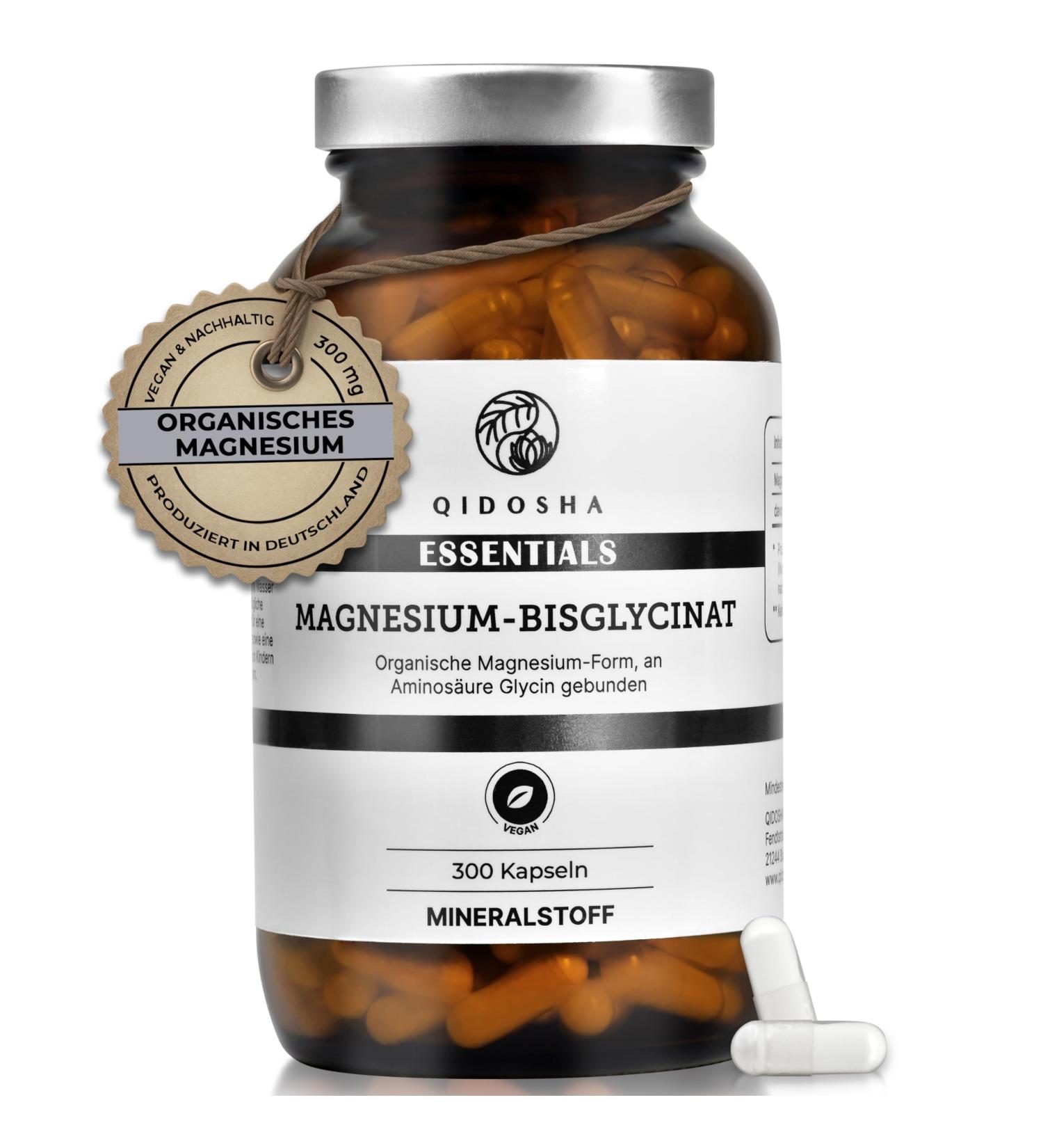 Qidosha Magnesium Bisglycinate Capsules - 300 Organic Magnesium Gummies (1500 mg) for Optimal Health | Pharmacy Glass Packaging - Buy Online on GoSupps.com
