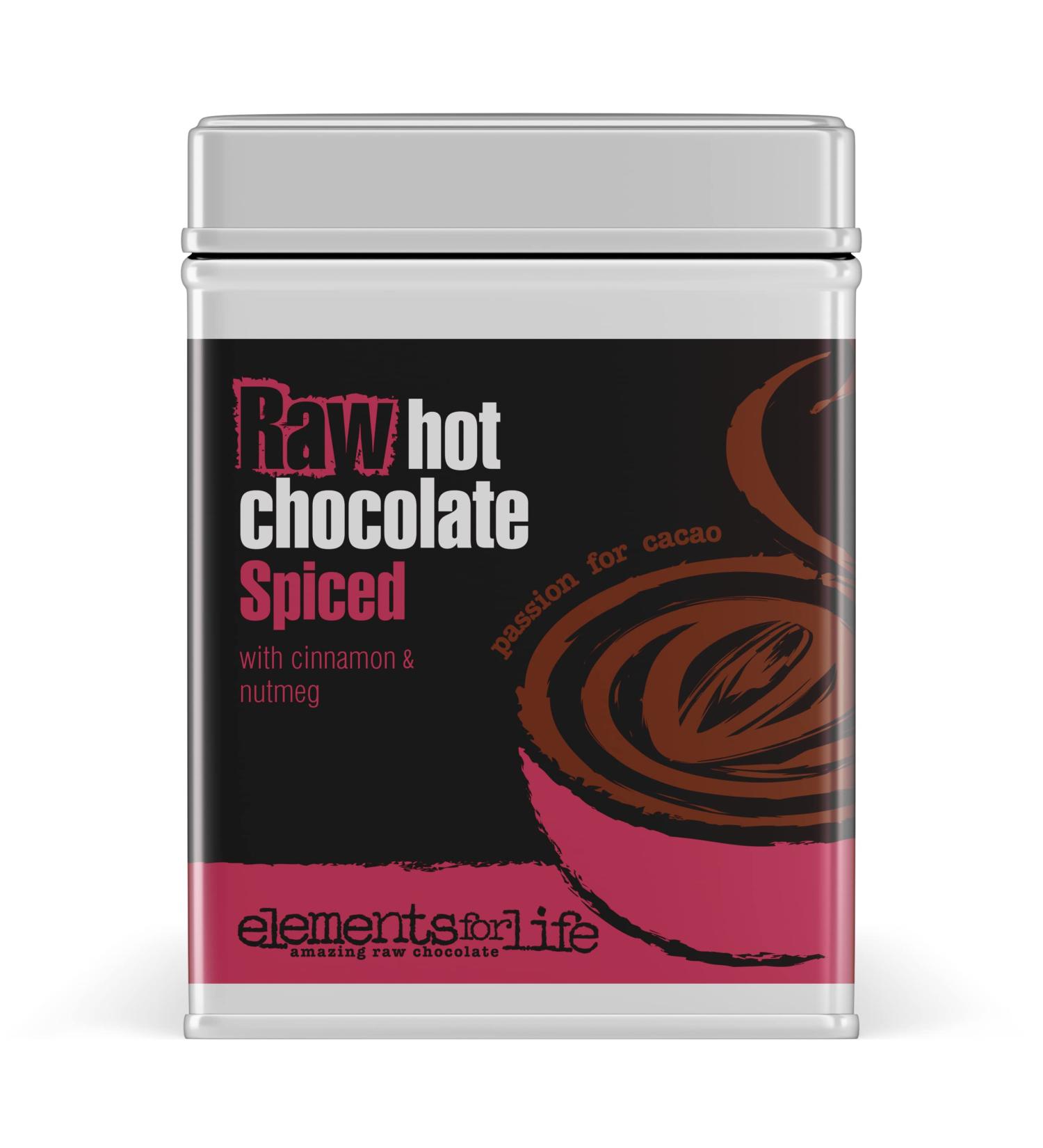 Premium Vegan Raw Spiced Hot Chocolate Cocoa Powder | With Warming Winter Spices | Raw Cacao Cinnamon Nutmeg & Coconut Blossom Sugar | Dairy Free Soya free and Gluten Free | 1 x 175g Tin Can - Buy Online on GoSupps.com
