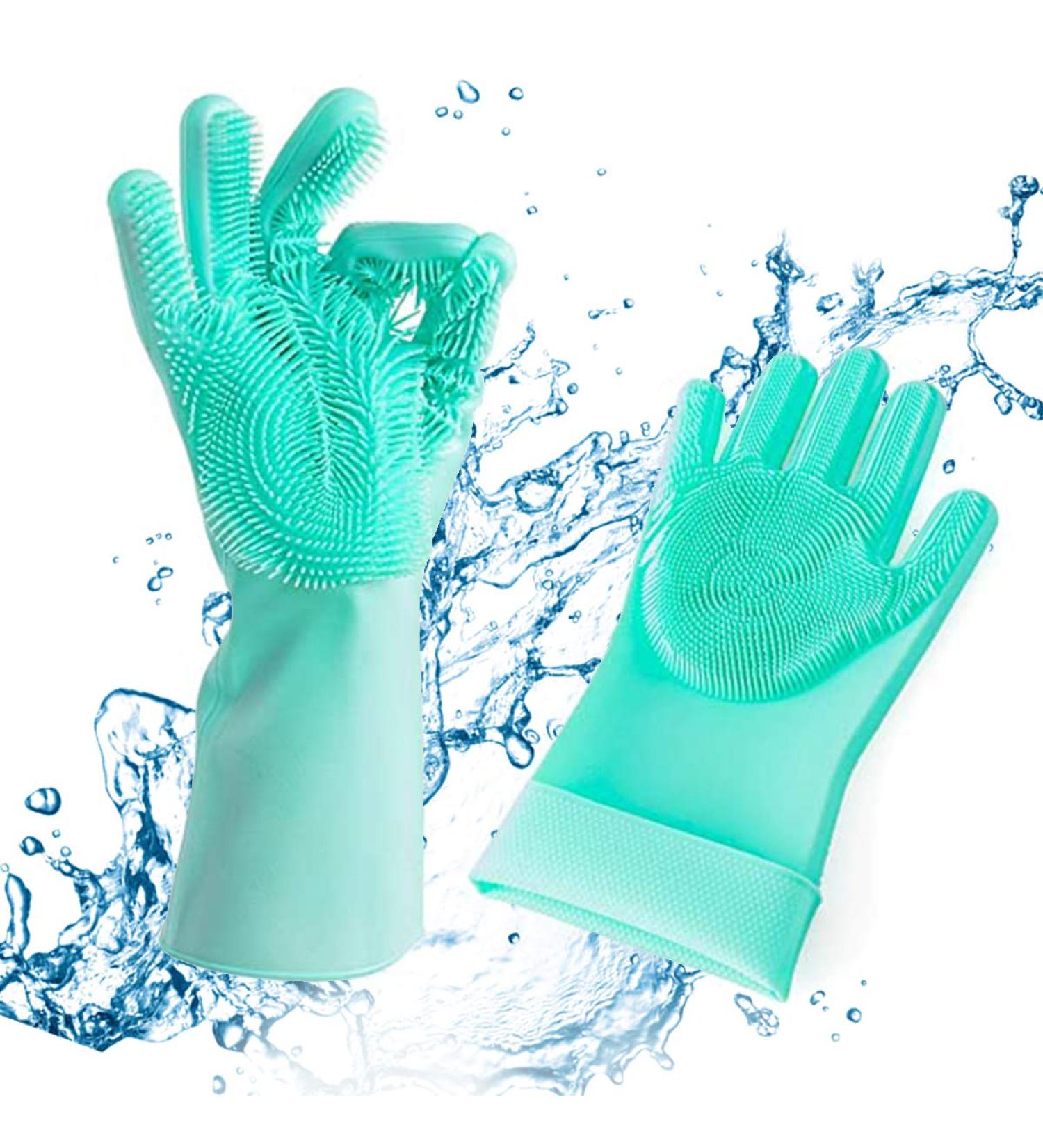 KEMOO Reusable Silicone Dishwashing Gloves with Scrubber - Heat Resistant Gloves for Kitchen, Bathroom, and Pet Care (Green) - Buy Online on GoSupps.com