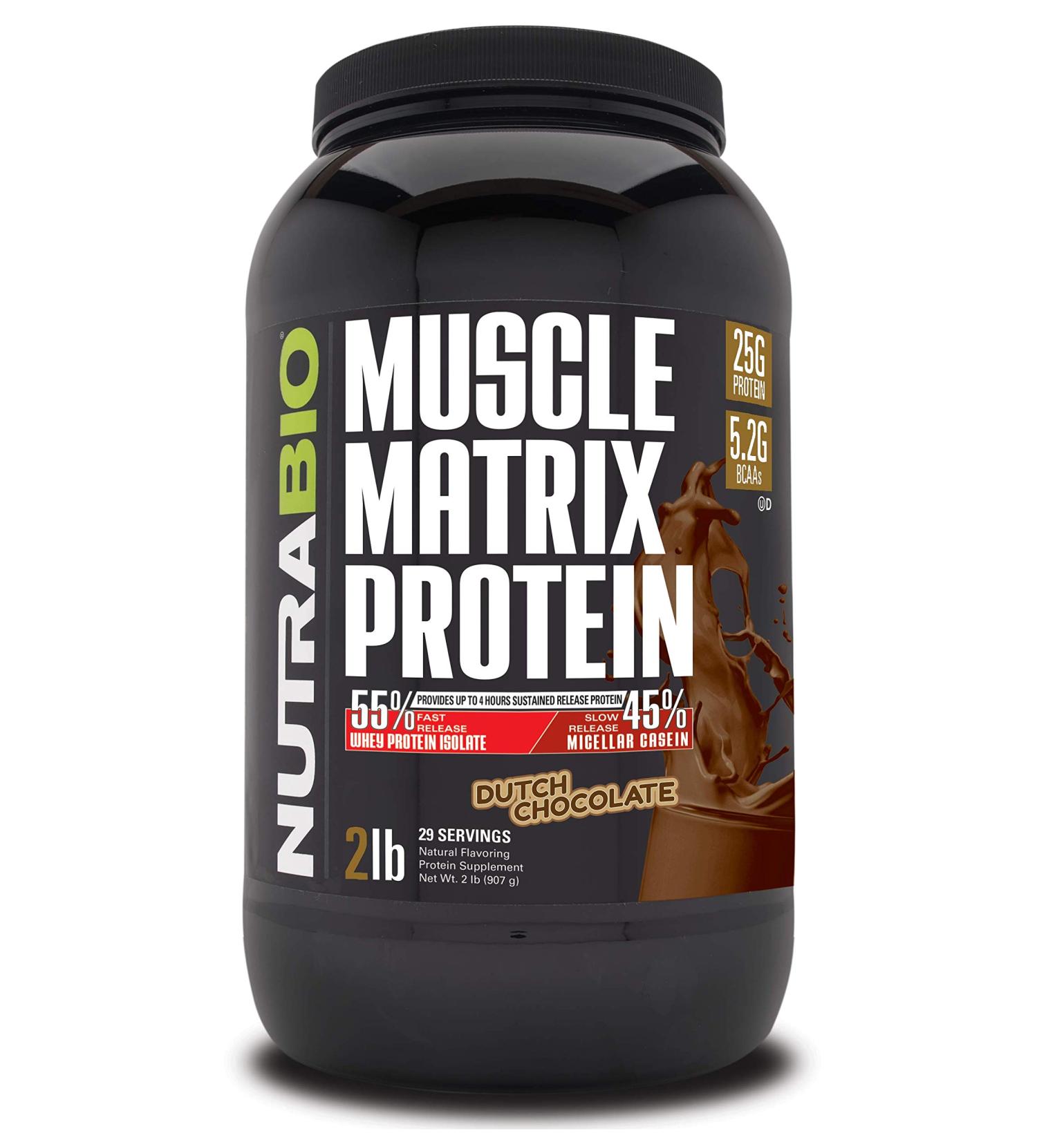 NutraBio Muscle Matrix Protein Powder - 25g of Protein Per Scoop - Whey Isolate and Micellar Casein Combo for Fast and Slow Release - Dutch Chocolate - 2 Pounds 28 Servings - Buy Online on GoSupps.com
