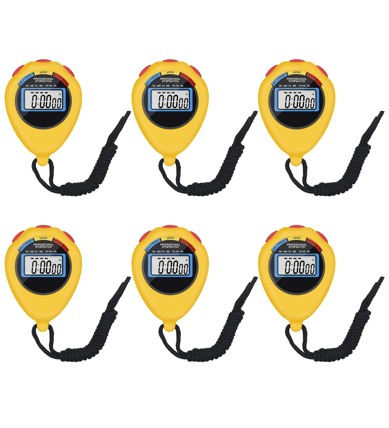 6 Pack Multi-Function Electronic Sport Stopwatch Timer - Large Display with Date, Time & Alarm - Ideal for Coaches & Referees - Yellow - Buy Online on GoSupps.com