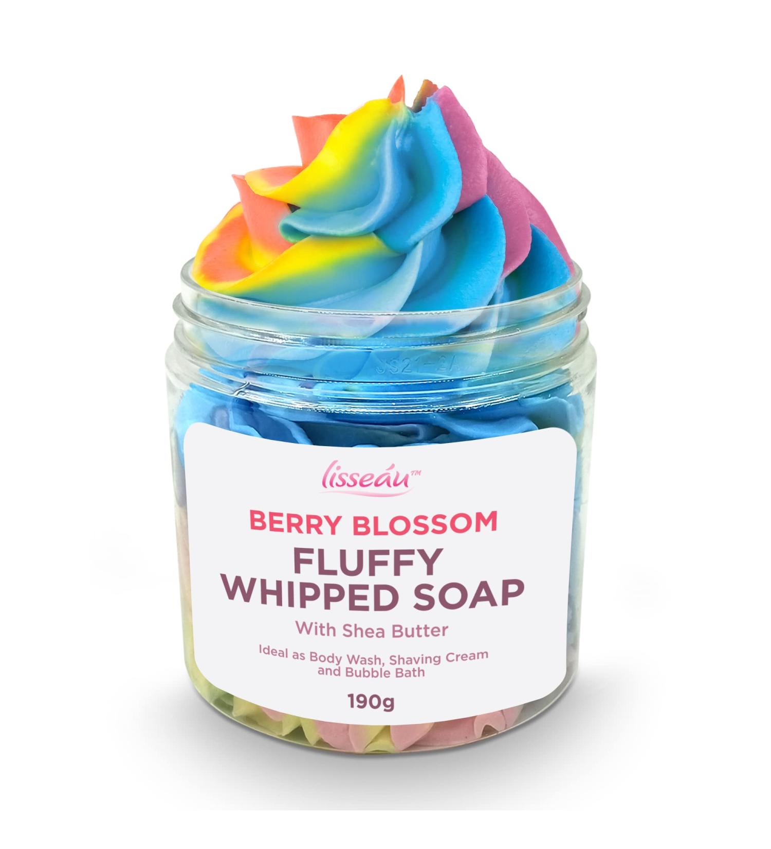 Lisseau Fluffy Whipped Soap with Shea Butter | Berry Blossom | 190g | Ideal as Body Wash Shower Fluff Shower Cream Shaving Cream & Bubble Bath Soap + SOL Sticker - Buy Online on GoSupps.com