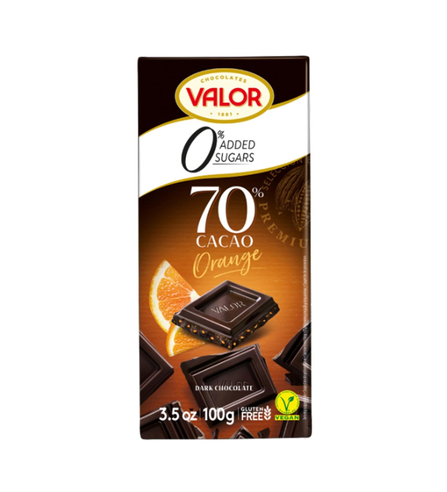CHOCOLATES VALOR Dark Chocolate 70% Cocoa with Orange Pieces without Added Sugar/Gluten 100 g - Buy Online on GoSupps.com