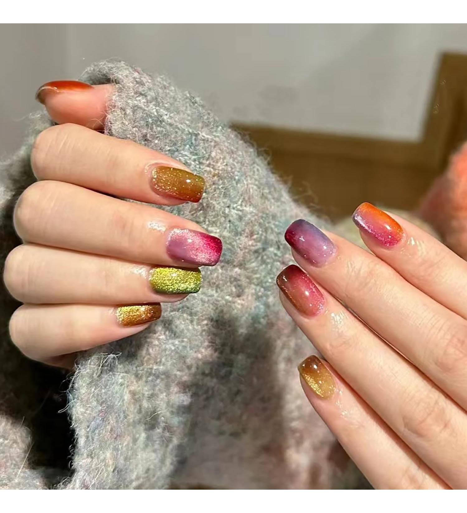 24Pcs Cat Eye Press On Nails | Short Cute Glue-On Acrylics | Full Cover Glossy Rainbow Fake Nails | Reusable Manicure Decor for Women & Girls - Buy Online on GoSupps.com