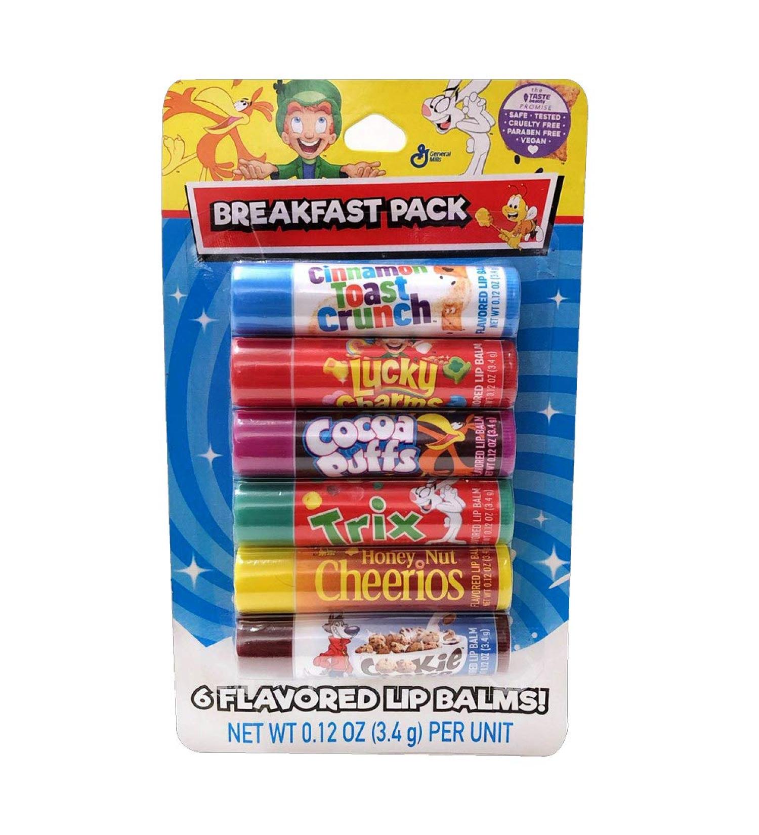 Taste Beauty (1) Pack Breakfast Cereal Flavored 6pc Lip Balm Sticks - Cinnamon Toast Crunch Lucky Charms Cocoa Puffs Trix Honey Nut Cheerios Cookie Crisp - Cruelty Free Vegan - Net Wt. 0.12oz ea