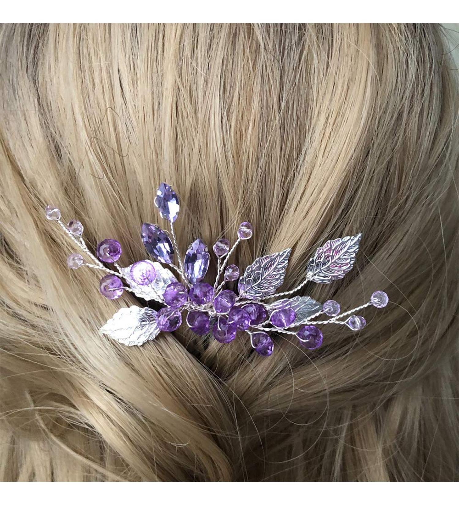 YERTTER Wedding Crystal Leaf Bridal Hair Comb Clip | Pearl Hair Accessory for Bride Bridesmaid Flower Girls - Purple & Silver - Buy Online on GoSupps.com