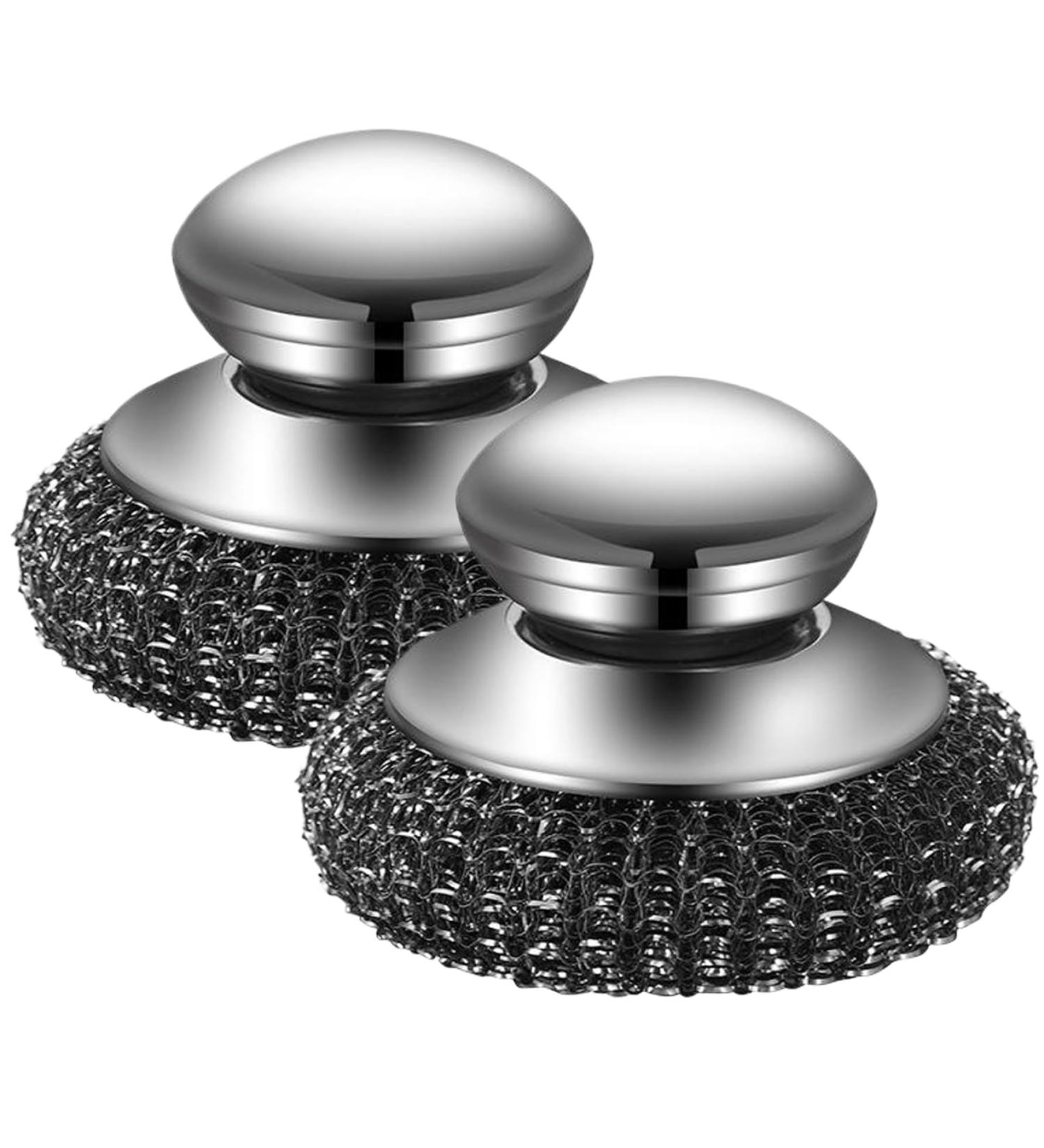 Stainless Steel Scrubber 2Pcs Metal Scourer with Handle Hand Caring Replaceable Kitchen Cleaning Brush for Dishes Pan Pot Stove Plate - Buy Online on GoSupps.com