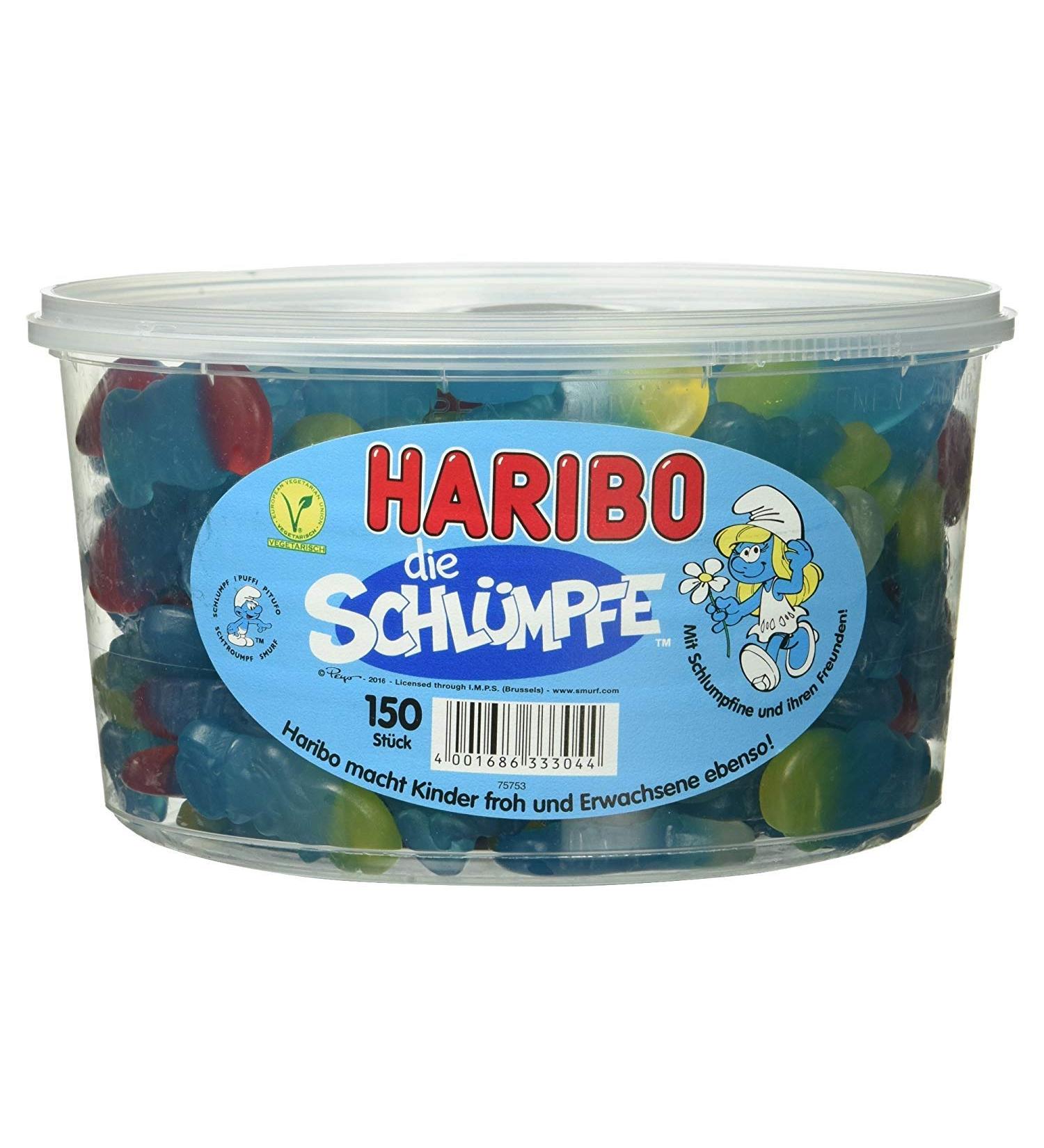HARIBO Haribo Smurfs in a round box 1.35 kg box 150 Smurfs for all lovers of the small inhabitants of Smurfs with strawberry and raspberry taste