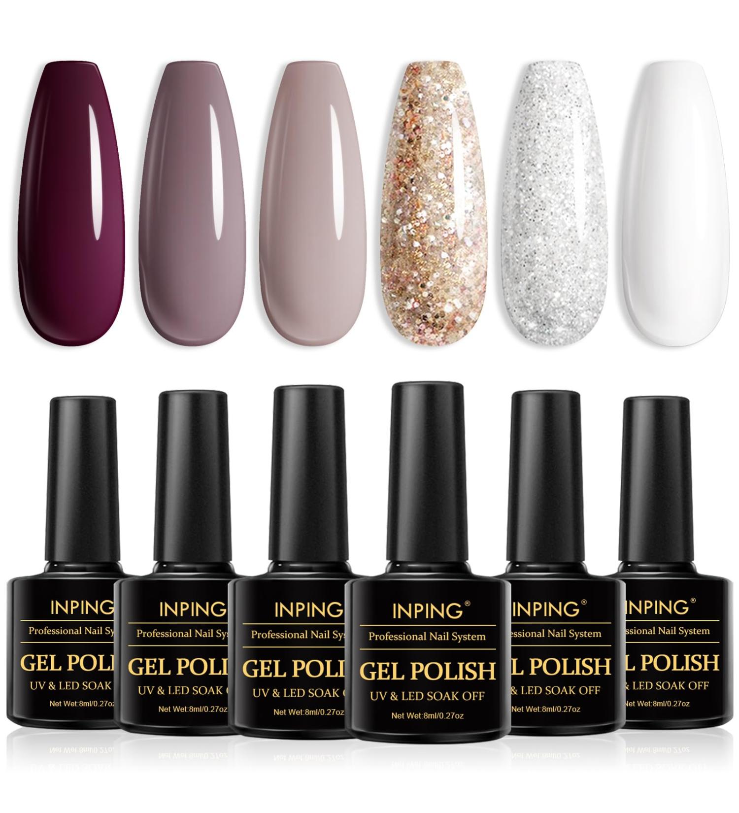 INPING Gel Nail Polish Set - 6 Colors Nude, Maroon, Burgundy, Red, Gray, Glitter - Soak Off UV/LED Nail Varnish for Women - DIY Nail Art Salon - Beauty Gifts - Buy Online on GoSupps.com