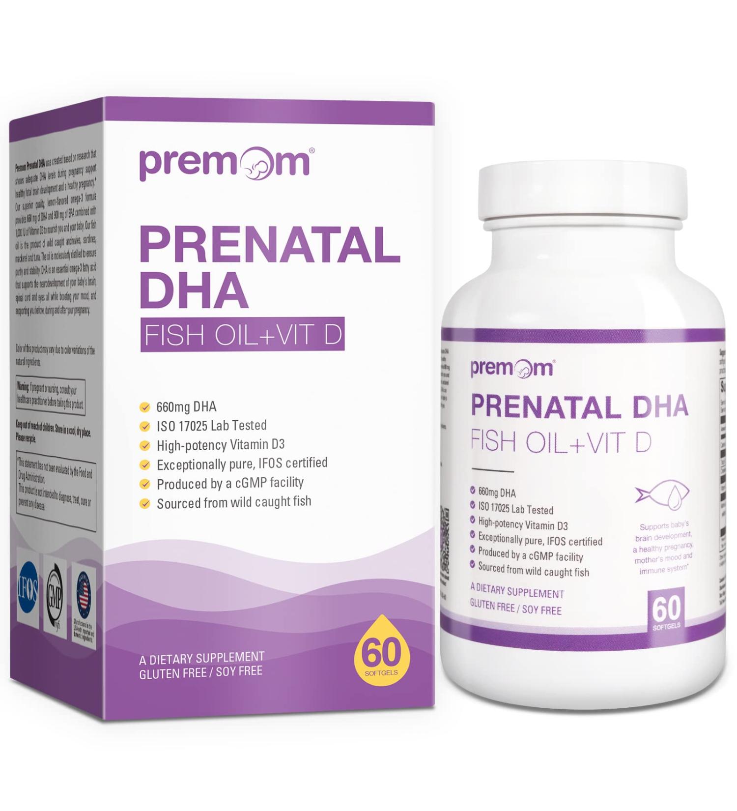 Premom Prenatal DHA Fish Oil & Vitamin D Formula - Omega 3 Supplement for Women - Fertility Supplements with EPA & DHA from Wild Caught Fish - Buy Online on GoSupps.com