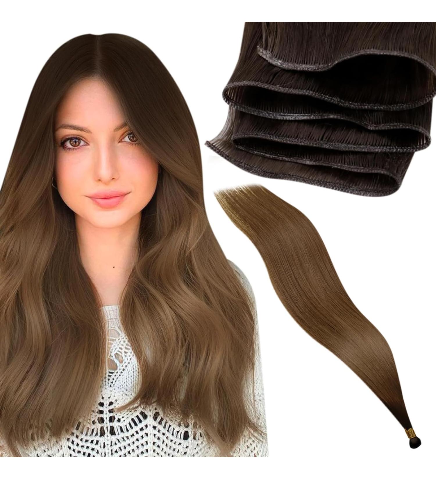 LAAVOO Virgin Brown Balayage Real Hair Extensions - 55cm Ombre Tresses for Sewing | Dark Brown & Light Brown | 25g - Buy Online on GoSupps.com