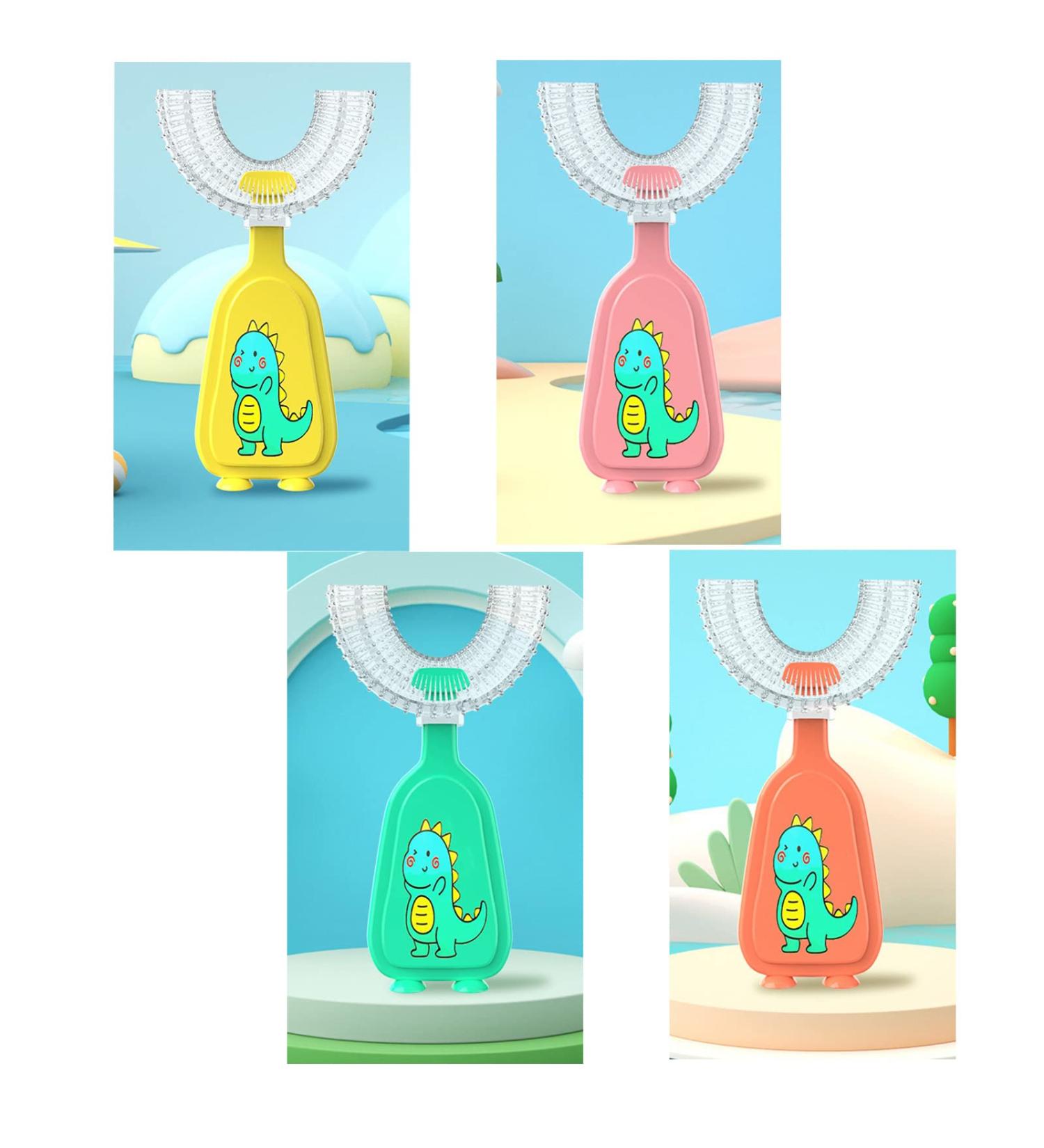 Kids U-Shaped Silicone Toothbrush Set - Cute Pig Handle - 2 Pack, 360 Whole Mouth Cleaning - Toddlers Ages 2-6 Years - 4 Color Dinosaur Design - Buy Online on GoSupps.com