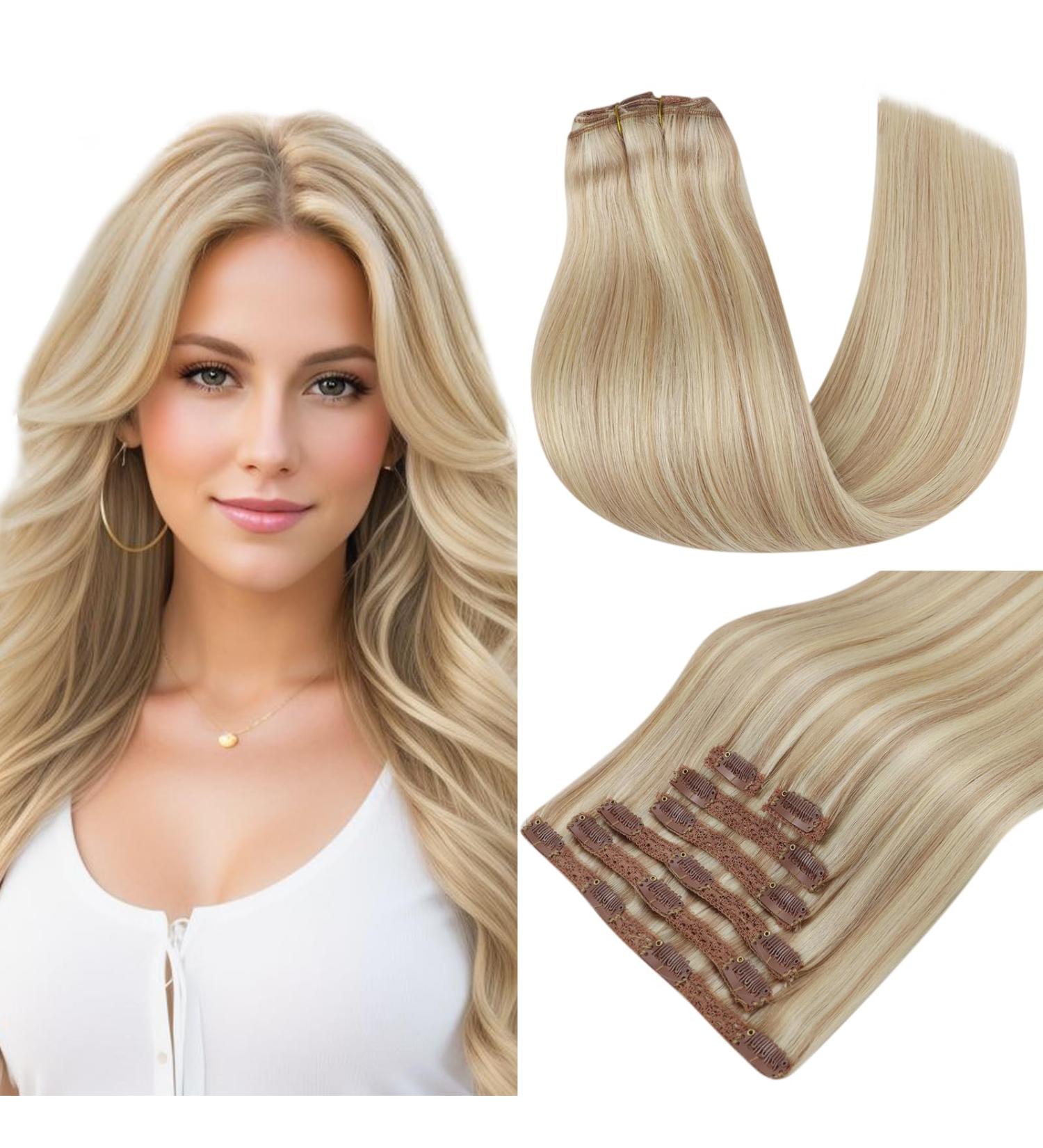 Runature Real Hair Clip-In Extensions - 35cm Ash Blonde & Platinum Highlights - 7 Piece Set for Natural Volume - Buy Online on GoSupps.com