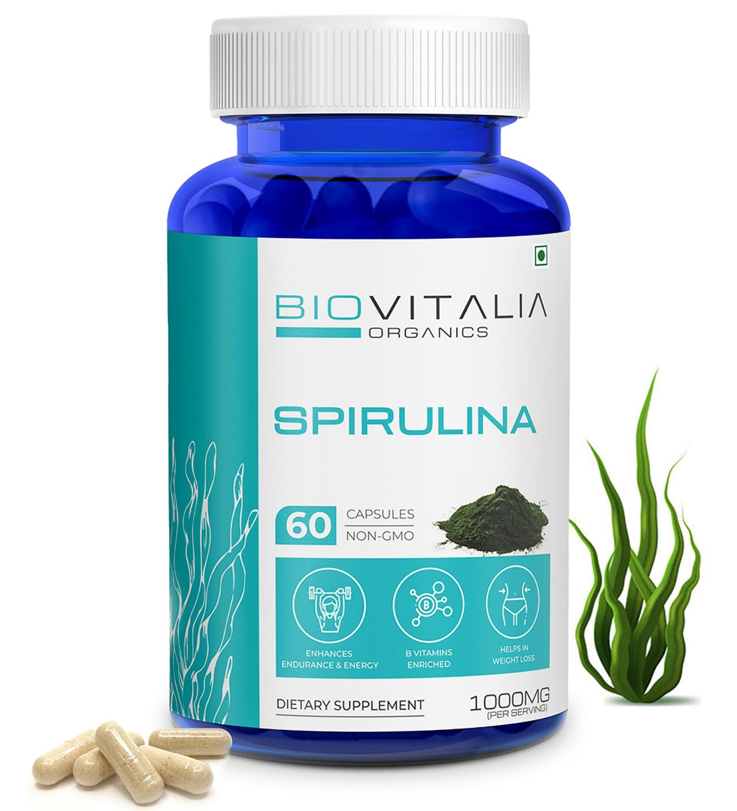 Biovitalia Organics Spirulina Dietary Supplement 1000mg | Green Super Food to Support Weight Management | Promote Healthy Heart Function | 60 Vegan Capsules