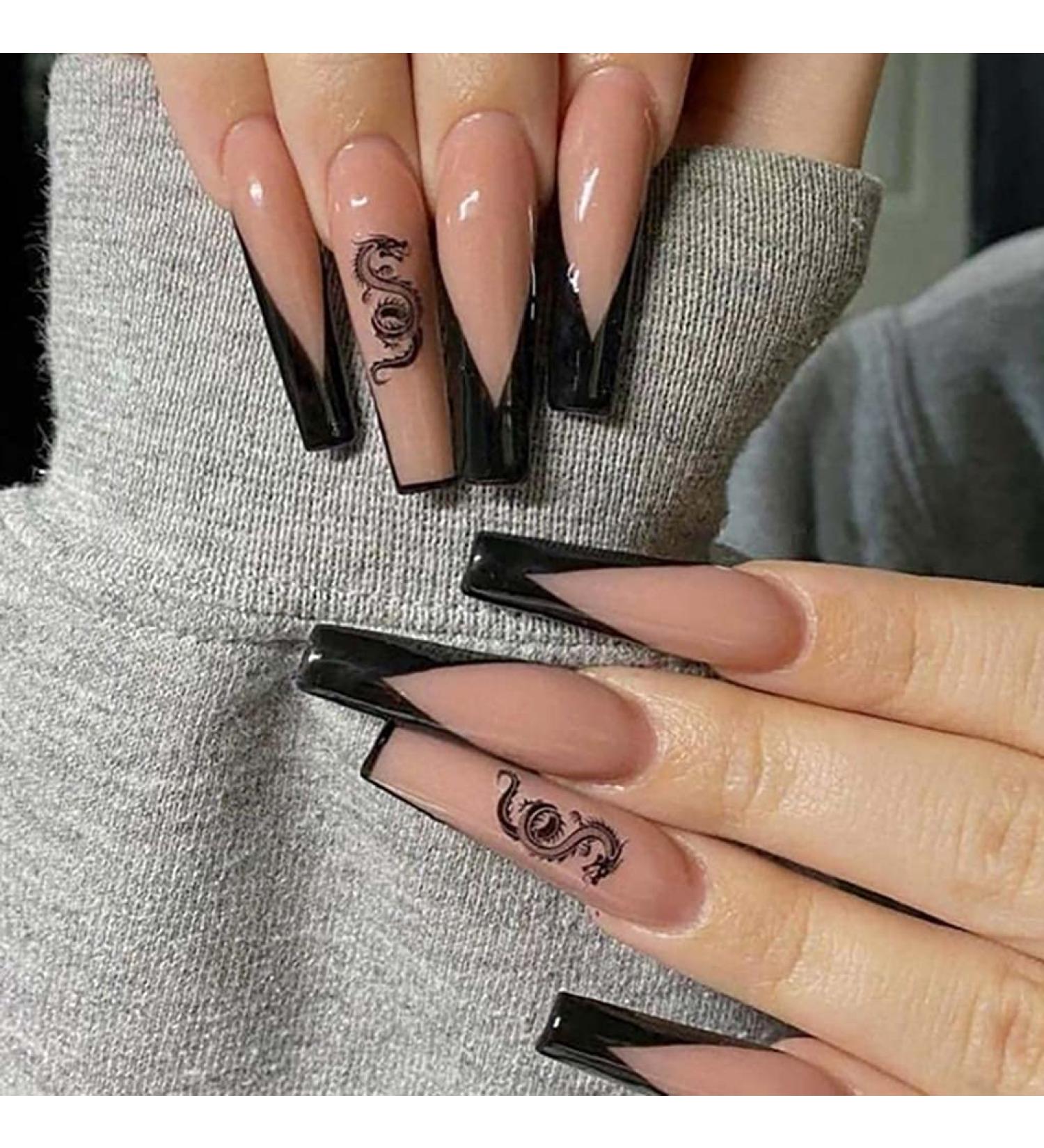 RikView Dragon Design Long Coffin Fake Nails - Black Acrylic Nails - Buy Online on GoSupps.com