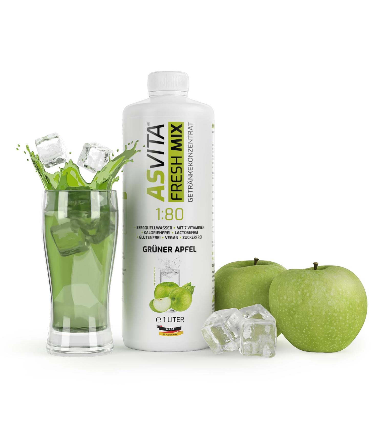 Asvita Sugar-Free Syrup - Fresh Mix 1:80 Green Apple Flavor 1L Bottle | 26 Delicious Varieties - International Shipping Available - Buy Online on GoSupps.com