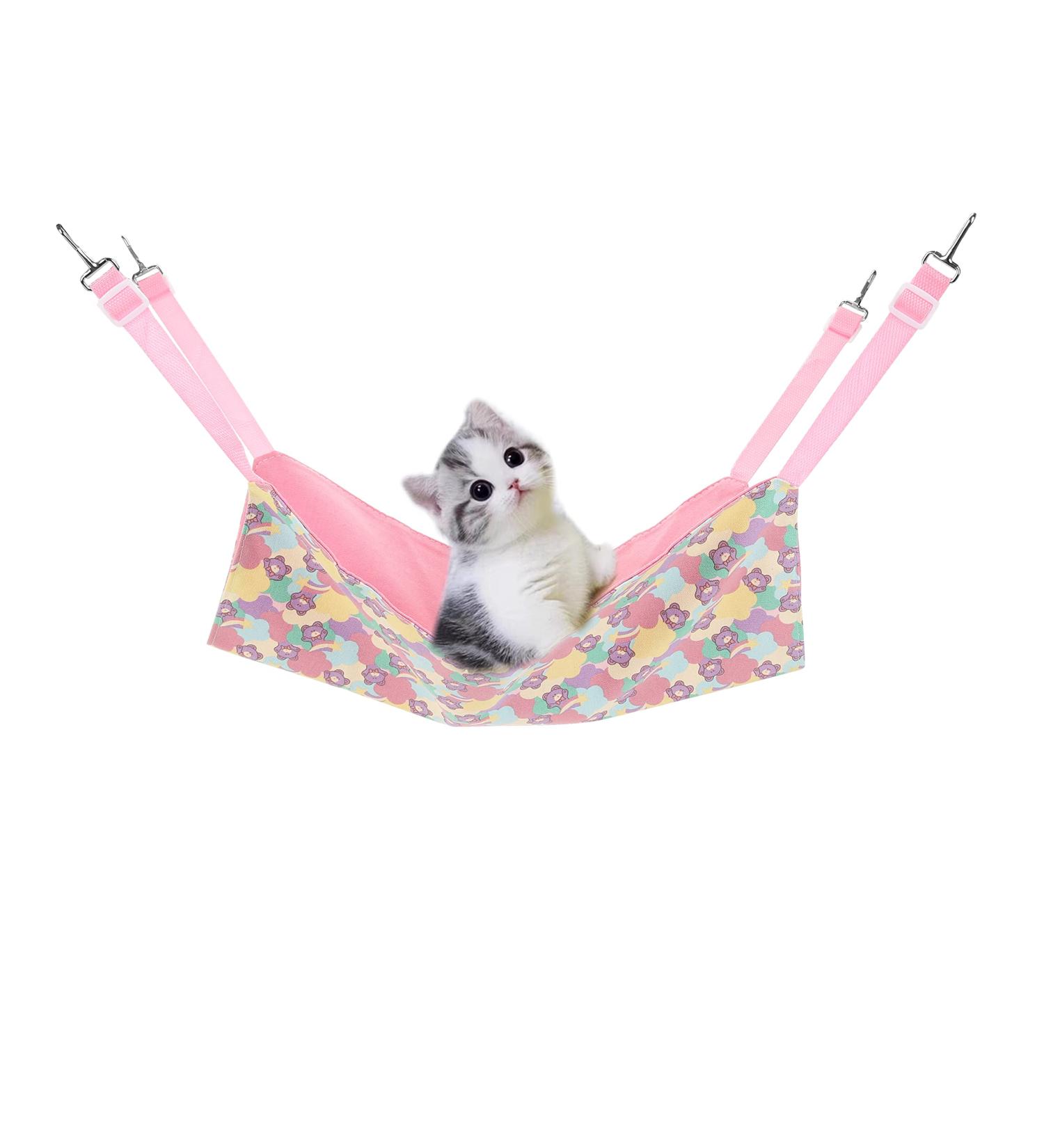 Double-Sided Hanging Cat Cage Hammock | Adjustable Pet Bed for Small Pets | Pink Bear Pattern | Medium Size - Buy Online on GoSupps.com