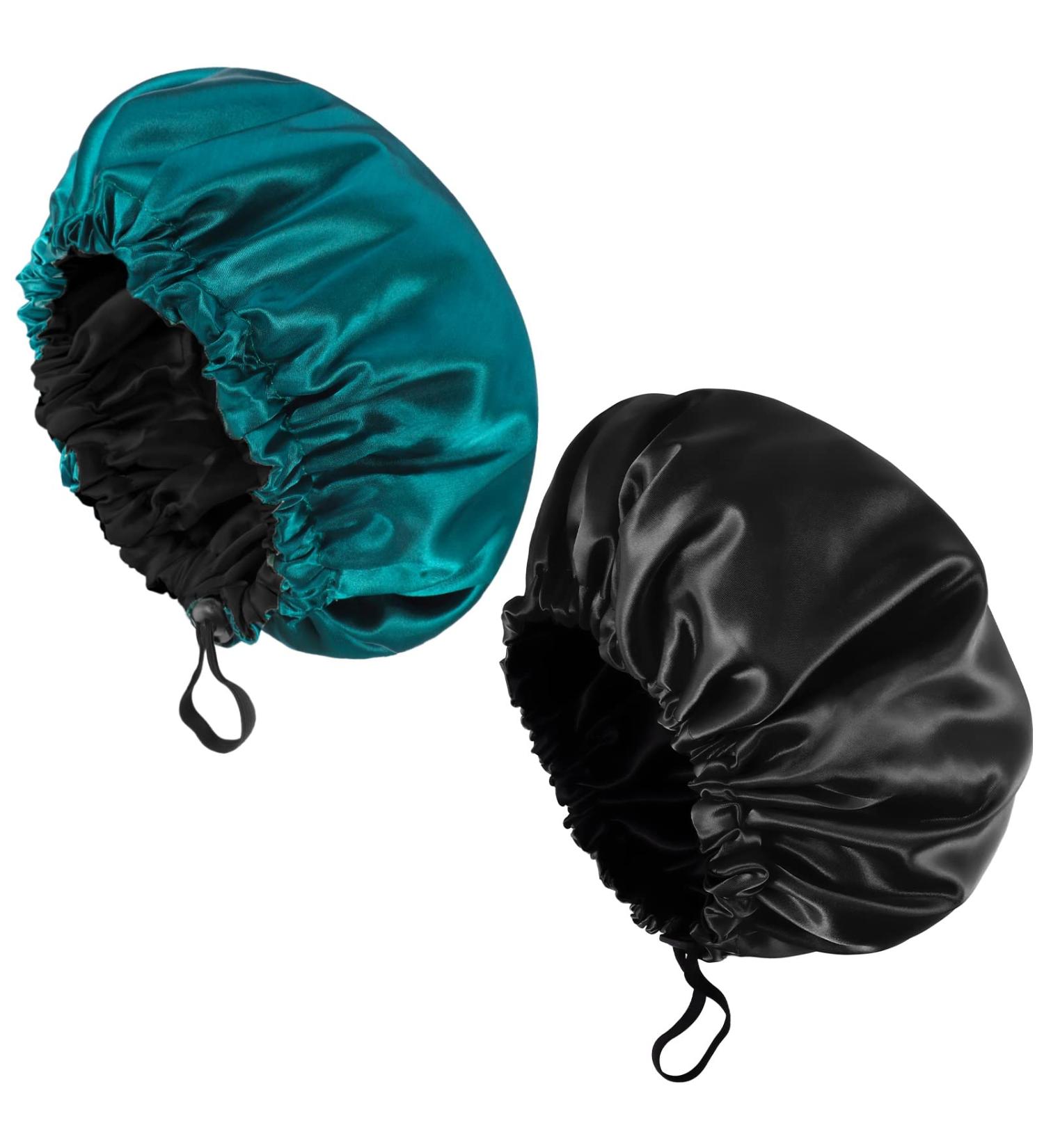 Fuyamp 2 Packs Satin Sleep Cap Adjustable Silky Sleep Bonnet for Women Long Curly Hair Double-Sided Waterproof Satin Hair Cap Extra Large Sleep Satin Bonnet for Women Girls Sleeping Black+Lake Green - Buy Online on GoSupps.com