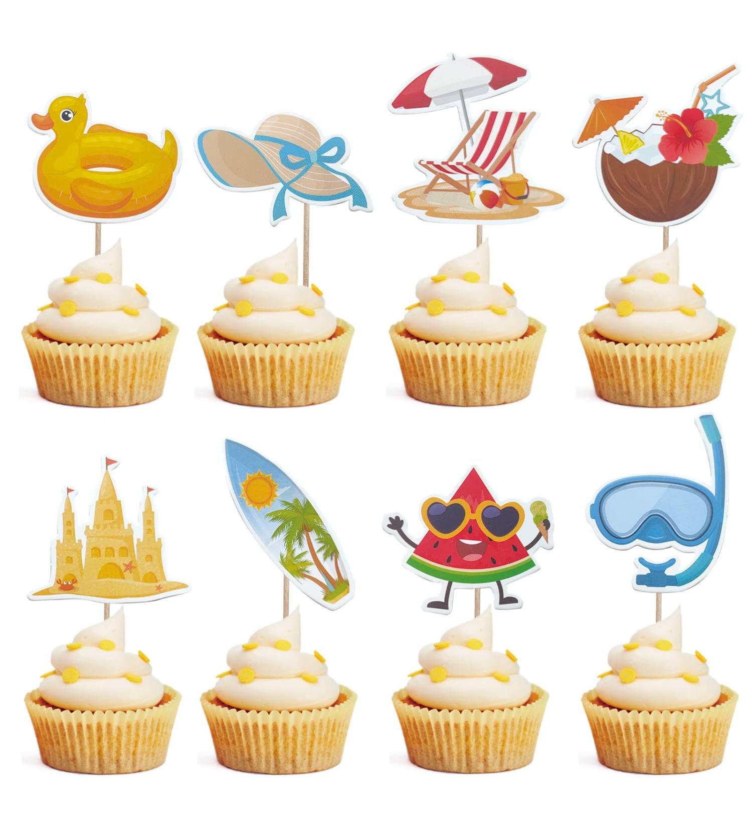 Mulukaya 24Pcs Summer Beach Themed Cupcake Toppers Sun Hat Surfboard Watermelon Goggles Treat Cake Picks for Pool Beach Hawaii Surfing Birthday Wedding Travel Vacation Party Decorations - Buy Online on GoSupps.com