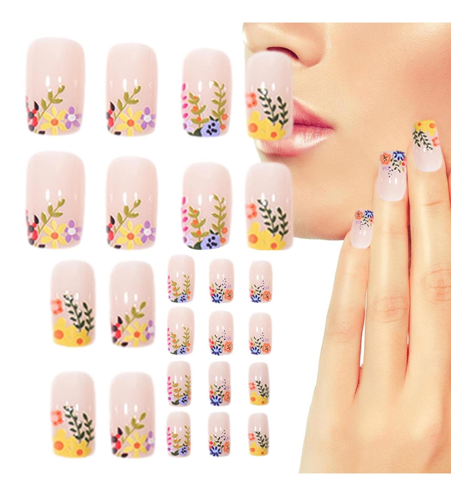 False Nails - Square Flower False Nails - Detachable Artificial Fake Nails Long Lasting Gel Nail Strips for Women and Girls Dtt - Buy Online on GoSupps.com