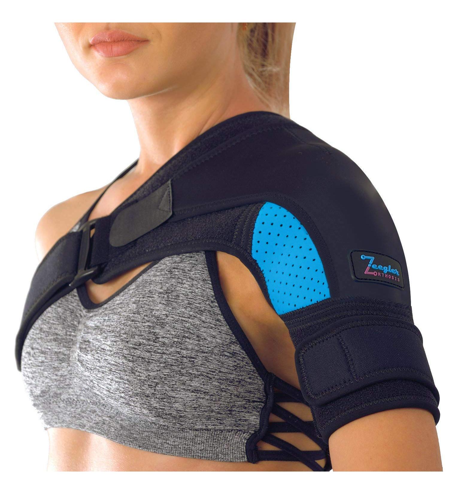Shoulder Brace for Women and Men - Support for Rotator Cuff, AC Joint Pain Relief, Dislocated Shoulder - Compression Sleeve Arm Immobilizer with Ice Pocket and Stability Strap - Blue S/M - Free Extension | Left-Right - Buy Online on GoSupps.com
