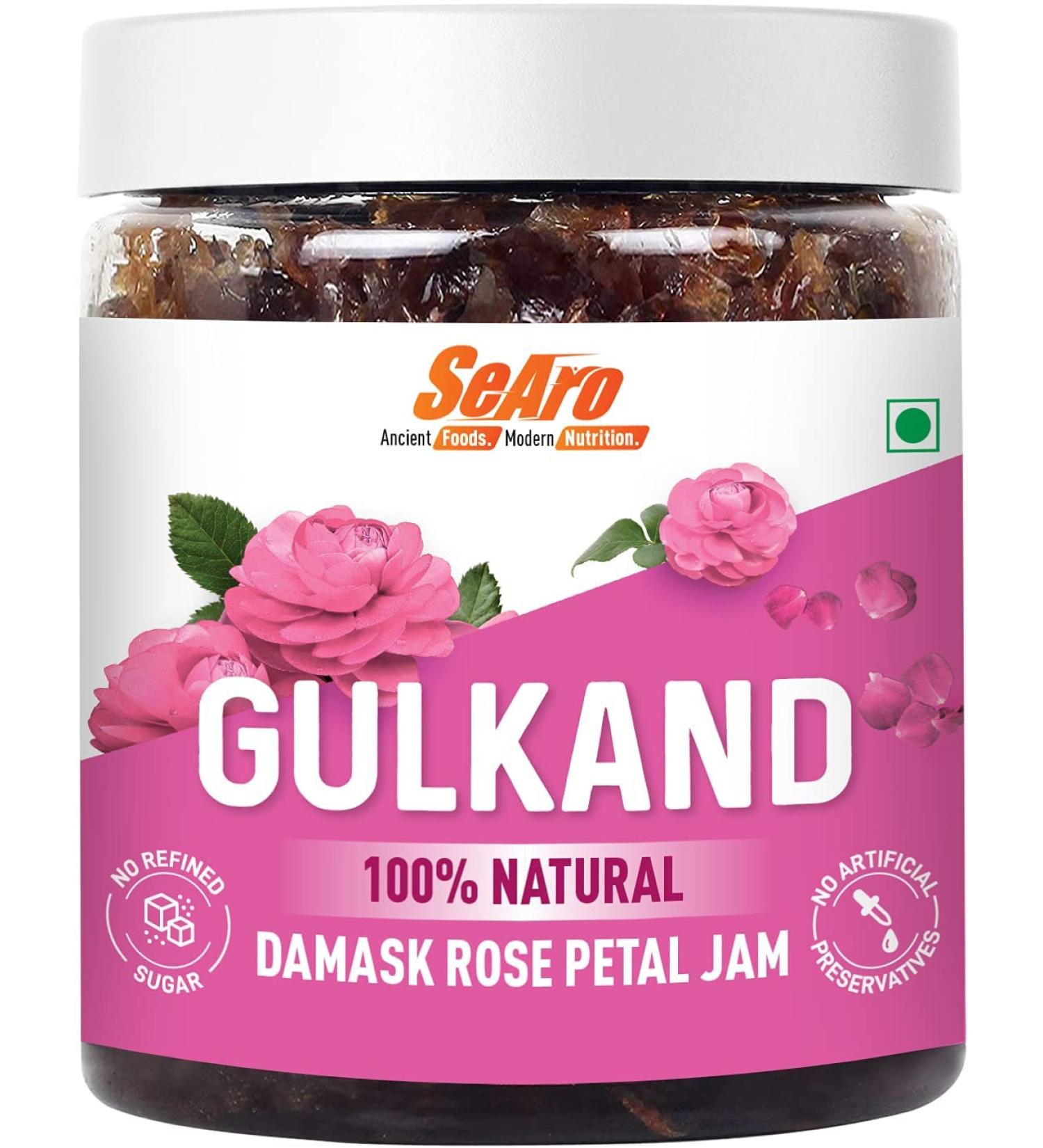 QuickShip 100% Natural Damask Rose Gulkand. Made as per Ayurveda with Rock Sugar (Mishri). Preservative Free Refined Sugar Free Gulkand (Rose Petal Jam) 300g - Buy Online on GoSupps.com
