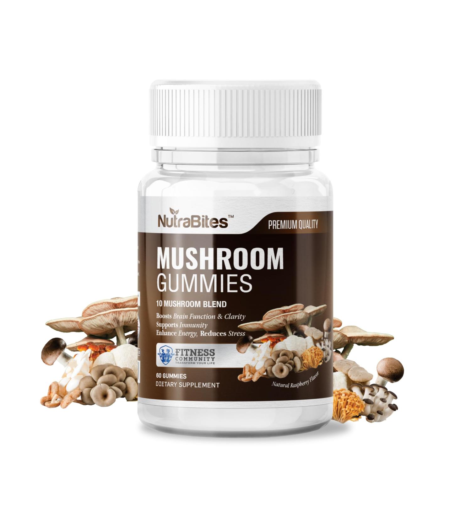 NutraBites Mushroom Gummies for Brain Immune & Energy Support - 10-Mushroom Fruiting Body Blend with Lion's Mane - Cognitive Focus & Stress Relief - Vegan & Non-GMO - Delicious Raspberry (60 Count) - Buy Online on GoSupps.com