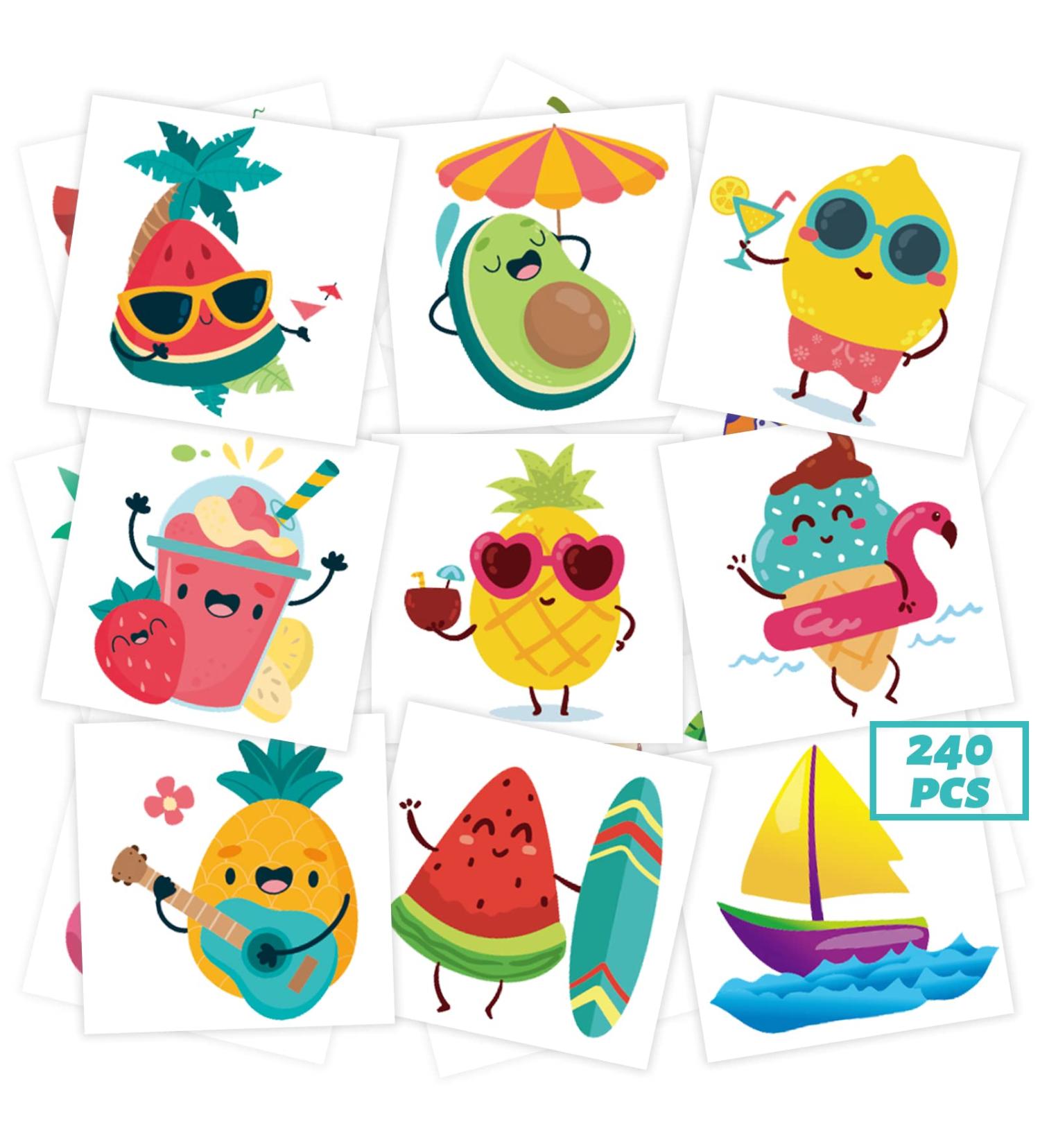 240 Pcs Summer Fruit Temporary Tattoos for Kids | Waterproof Bulk Stickers | Hawaiian Themed Toys | Perfect for Summer Party and Goody Bags | 60 Designs Pineapple Watermelon Coconut - Buy Online on GoSupps.com