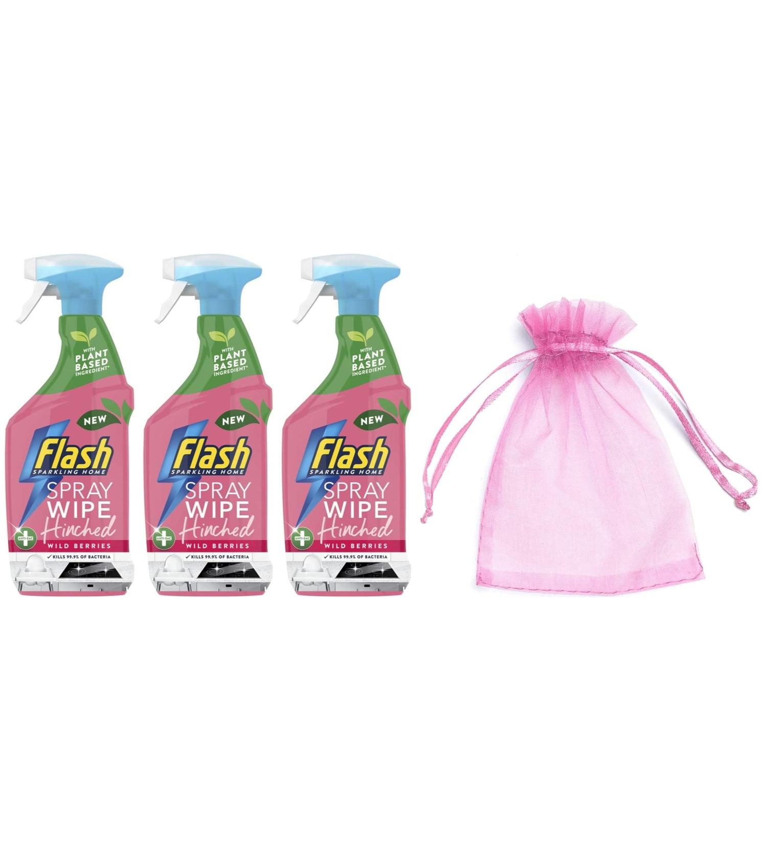 Flash Sparkling Home Spray Wipe Hinched Antibacterial Multi-Surface Cleaner 800ml Wild Berries Scent 3Pk + Our Gift for You: Organza Bag Size: 9x7x0.1cm - Buy Online on GoSupps.com