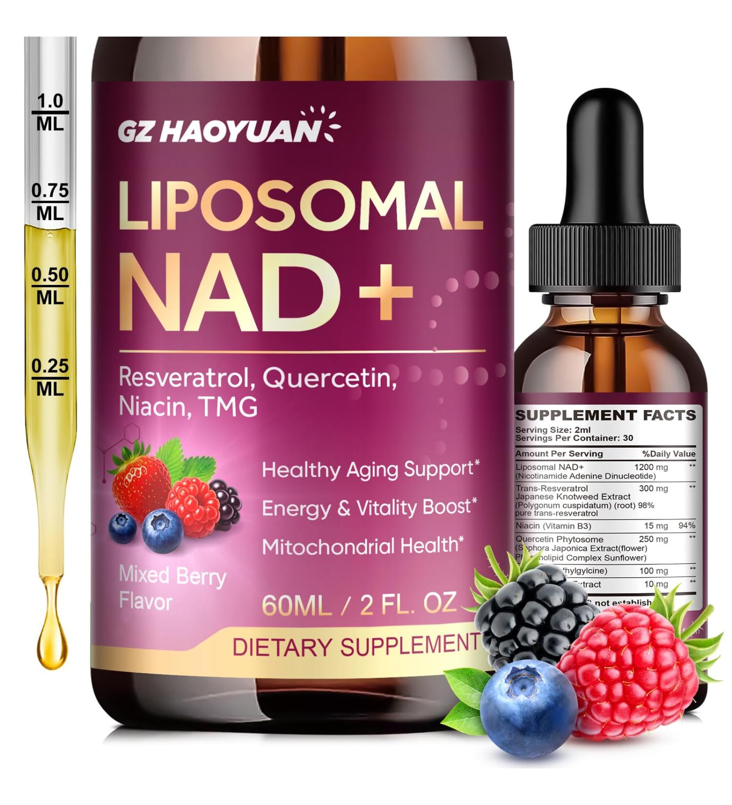 Liposomal NAD Supplement - 1200mg NAD+ Liquid Drops for Women & Men with Nicotinamide Resveratrol Quercetin TMG Black Pepper Extract - Brain & Cellular Mitochondrial Health Anti-Aging Longevity Mixed Berry 2 Fl Oz (Pa  - Buy Online on GoSupps.com
