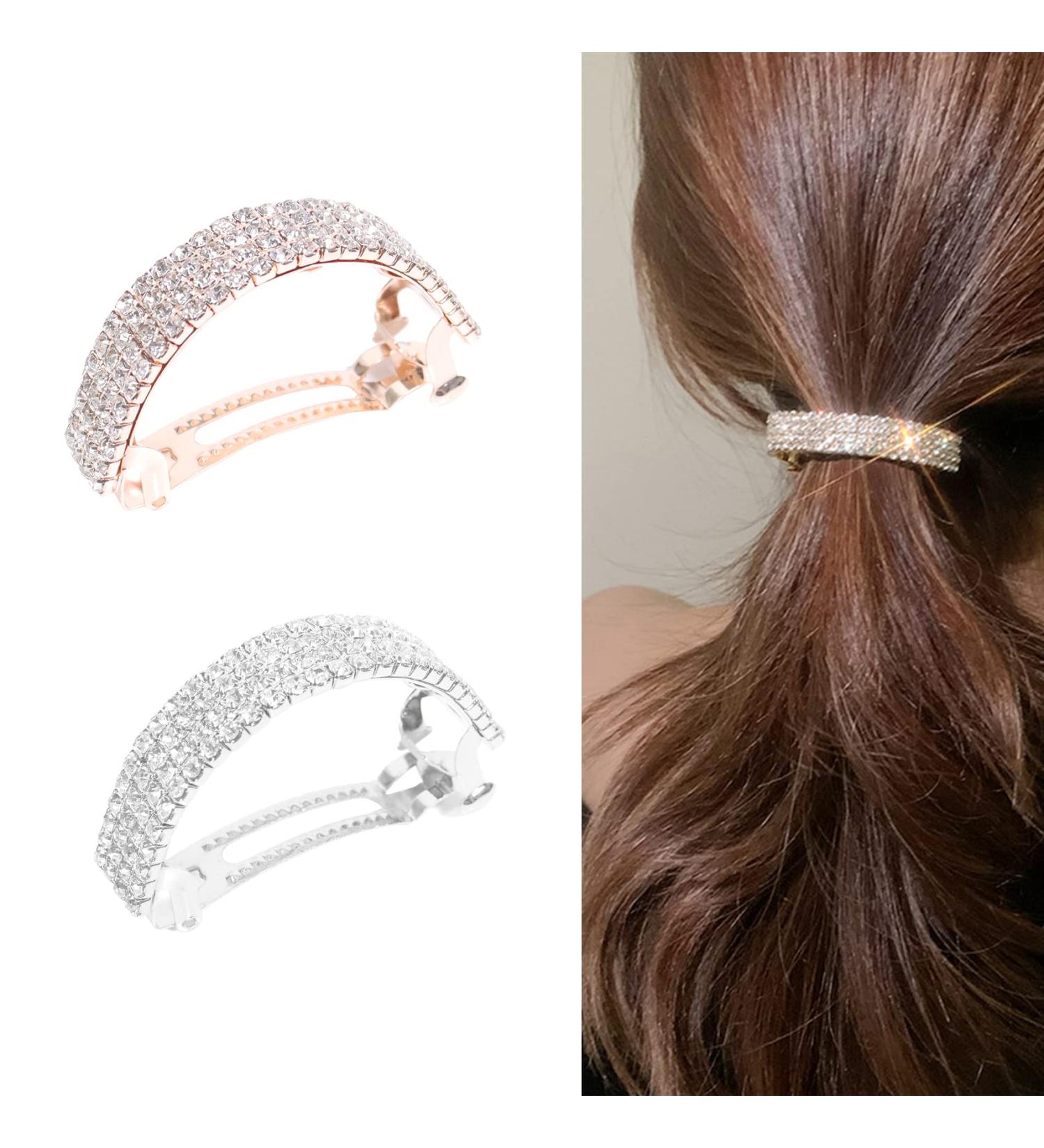 2Pcs Crystal Rhinestone Hair Clips Sparkly Diamante Hair Clips for Women Girls Ponytail Hair Clips Hair Accessories for Wedding(Rose Gold Silver) - Buy Online on GoSupps.com