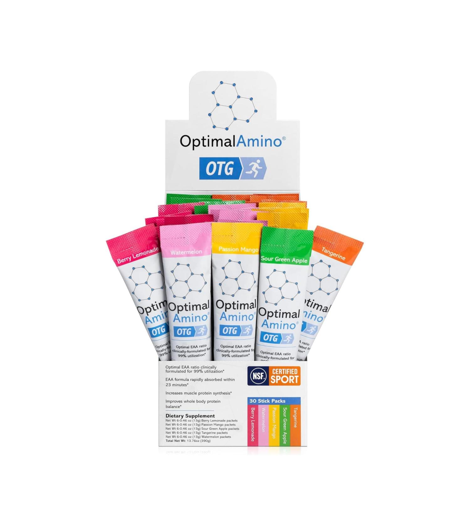 OptimalAmino OTG Stick Packs, 5 Flavor Variety Box (30 Count), 99% Utilized Essential Amino Acid (EAA) Supplement, Increase Muscle Recovery, Vegan/Keto Pre/Post Workout, NSF Certified for Sport - Buy Online on GoSupps.com