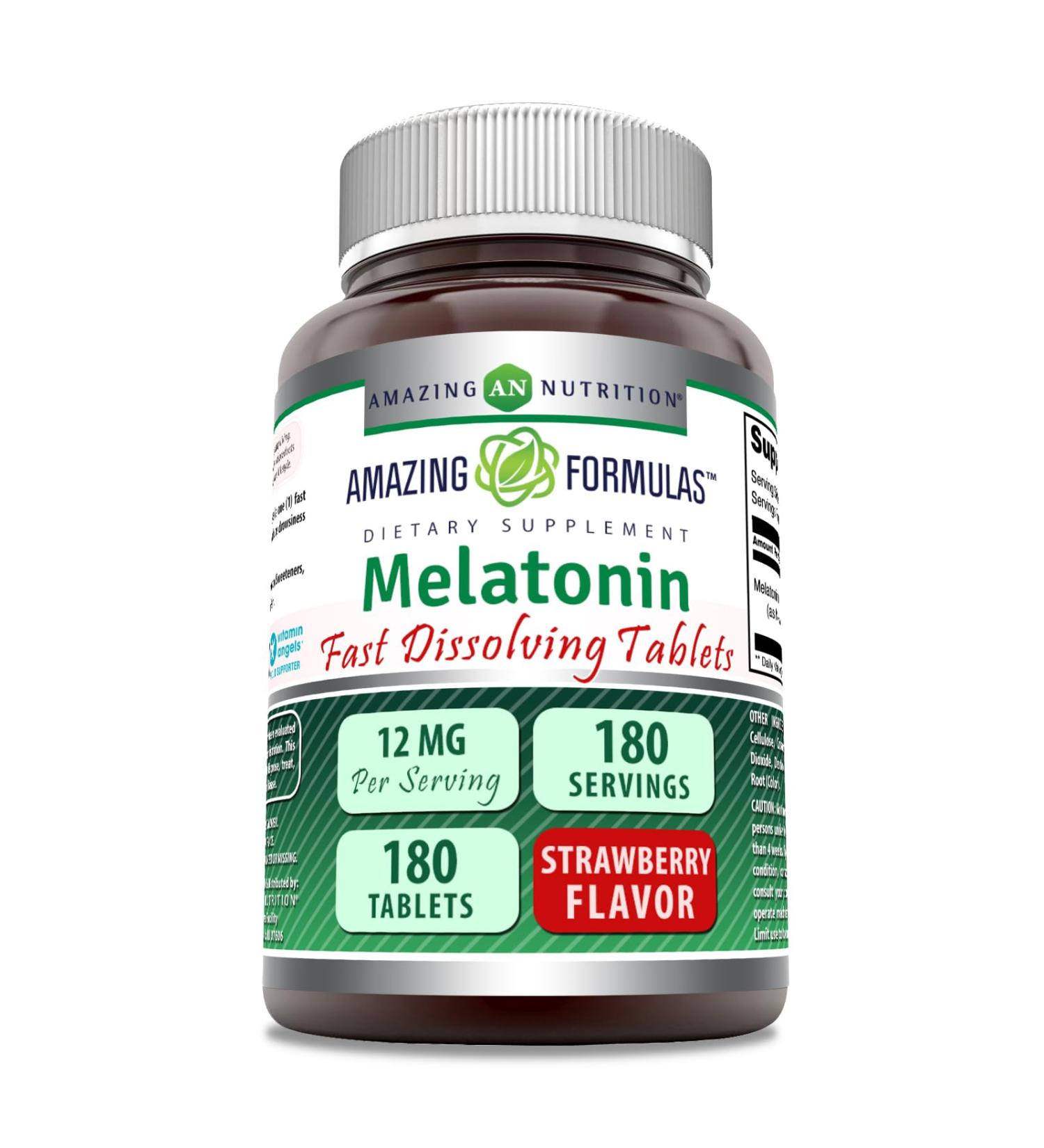 Amazing Formulas Melatonin Fast Dissolving 12 Mg per Serving 180 Tablets Supplement | Strawberry Flavor | Non-GMO | Gluten-Free | Made in USA