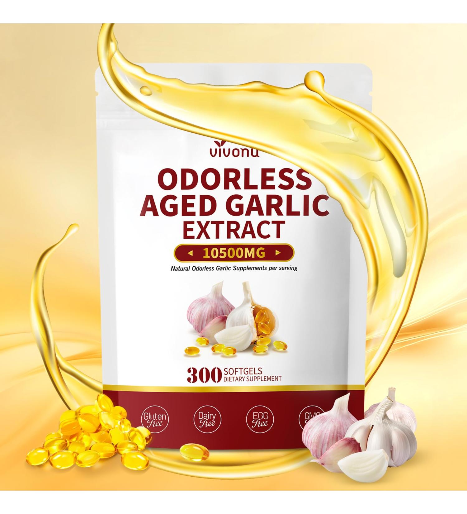 VivoNu Aged Garlic Extract Capsules 10500mg Odorless Garlic Supplements with Magnesium Chromium B1 & B9 Supports Immune Health & Heart Function| 2 Years Matured | 300 Softgels 300pcs(1bag) - Buy Online on GoSupps.com