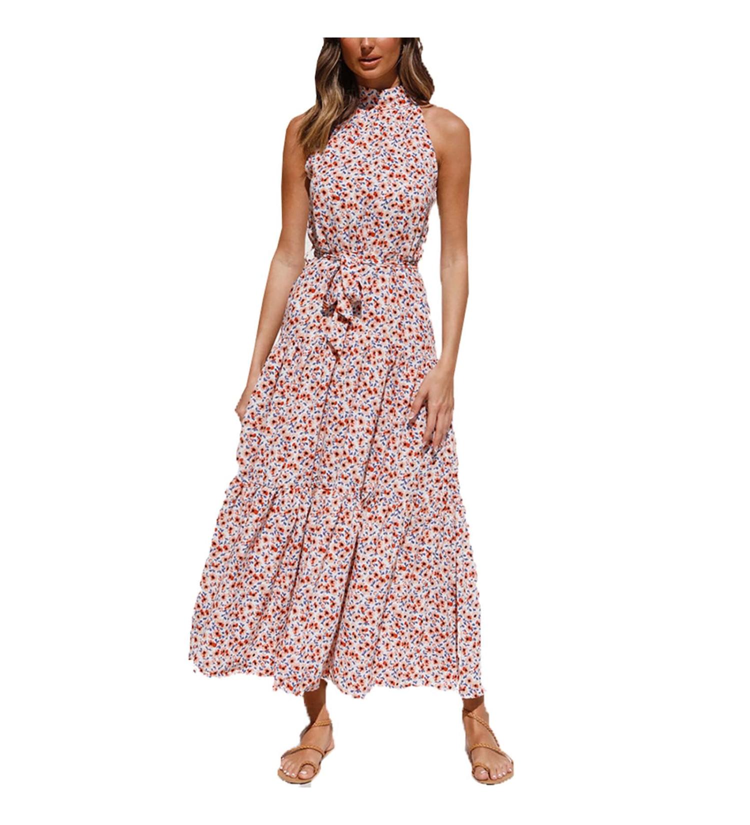 WJANYHN Spring and Summer Fashion Women's Halter Neck Polka Dot Print Lace Dress Long Skirt