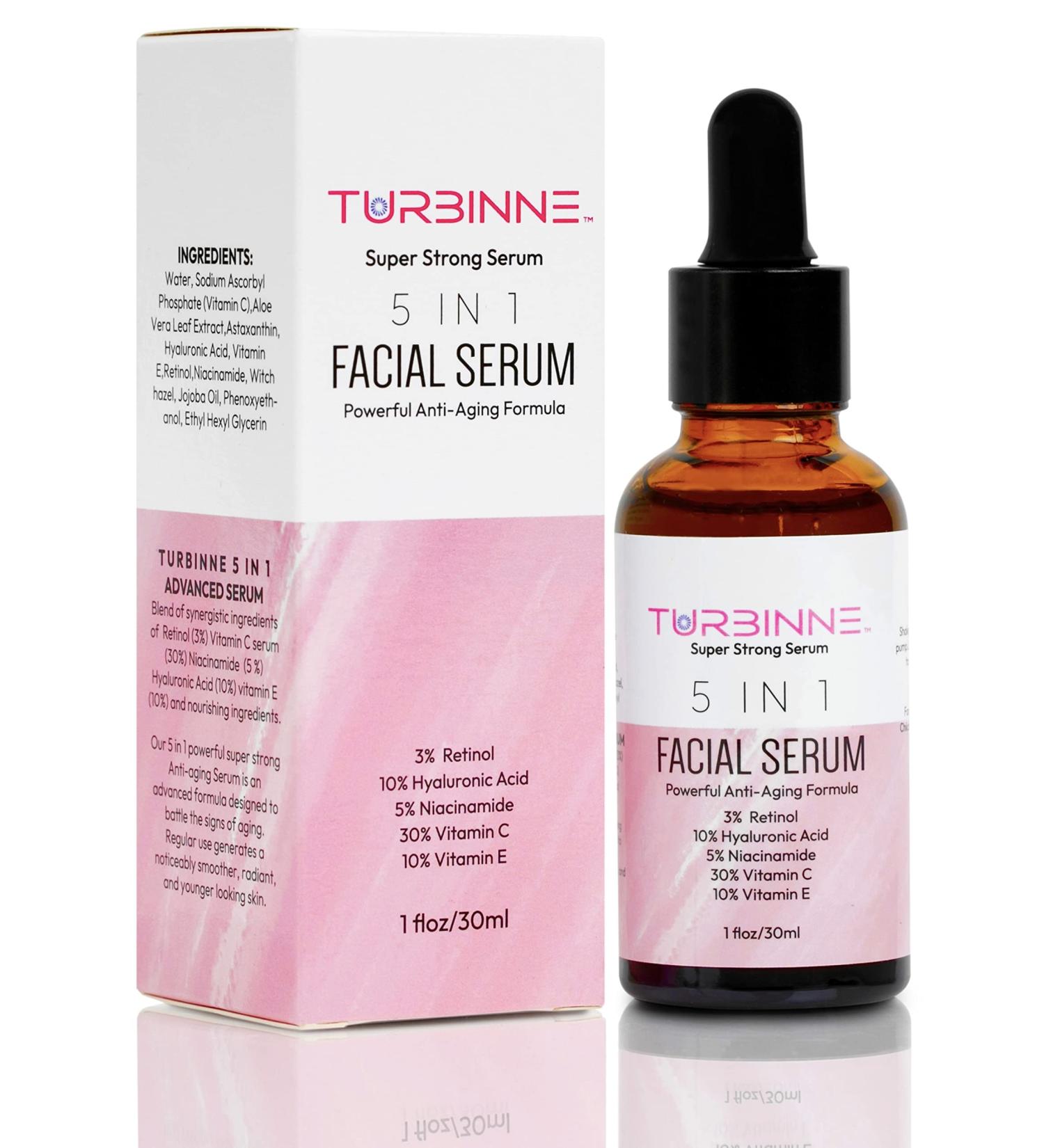 Turbinne 5-In-1 Overnight Facial Serum - Retinol, Hyaluronic Acid, Niacinamide, Vitamin C & E - Anti-Aging Treatment for Wrinkles, Acne Scars, Dark Spots - 1fl Oz - Buy Online on GoSupps.com