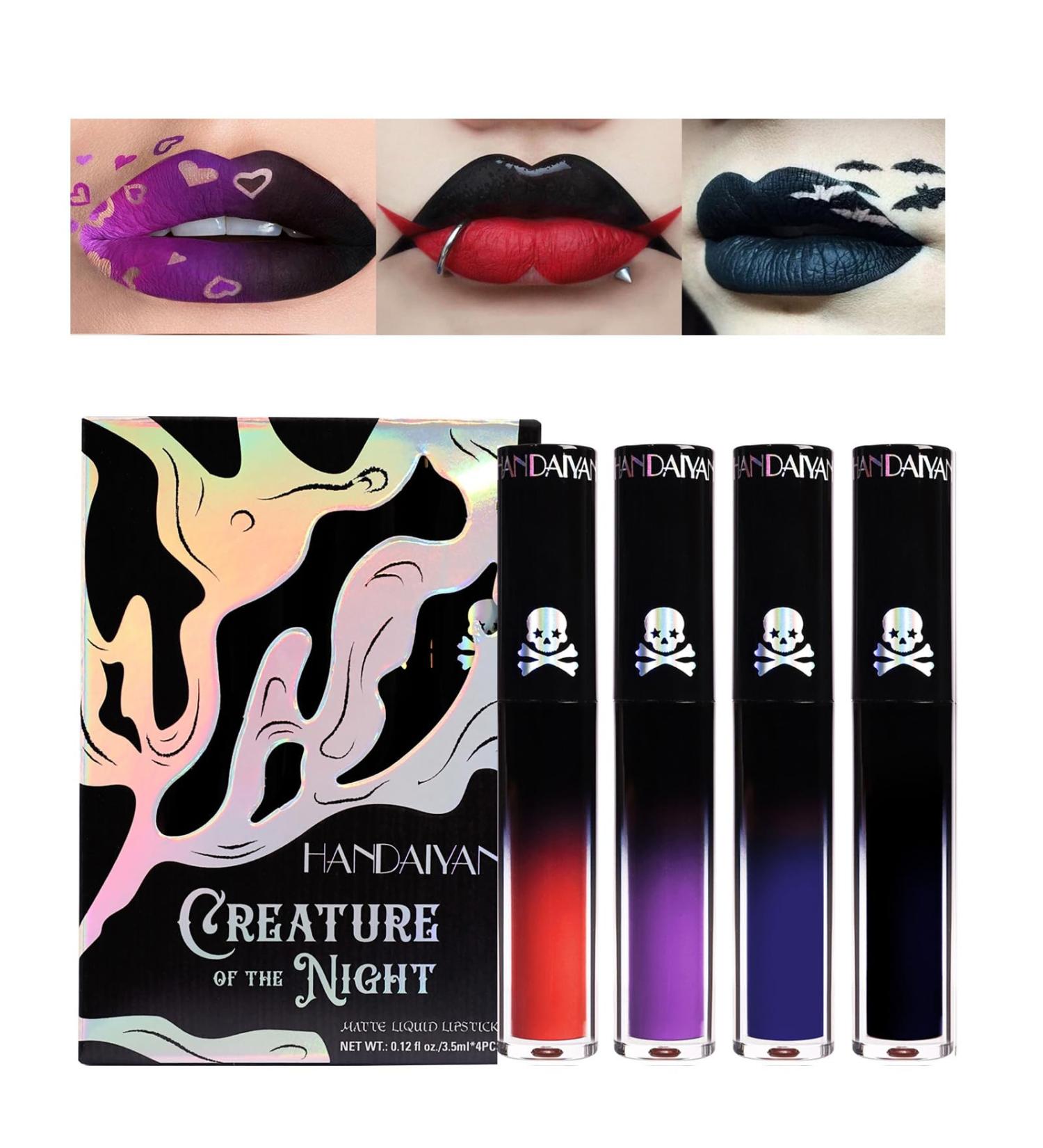 Rechoo 4PCs Matte Lipstick Set - Long-Lasting Non-Stick Liquid Lip Stain for Halloween Cosplay - Dark Red & Blue Lip Tint - Buy Online on GoSupps.com