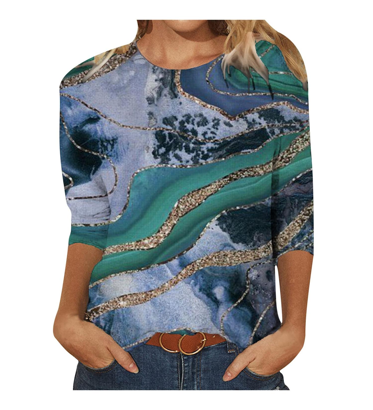oelaio Women's Summer Fashion T Shirt 3/4 Sleeve Shirts Round Neck Blouses Trendy Marble Print Graphic Tshirts Ladies Multicolor Large - Buy Online on GoSupps.com