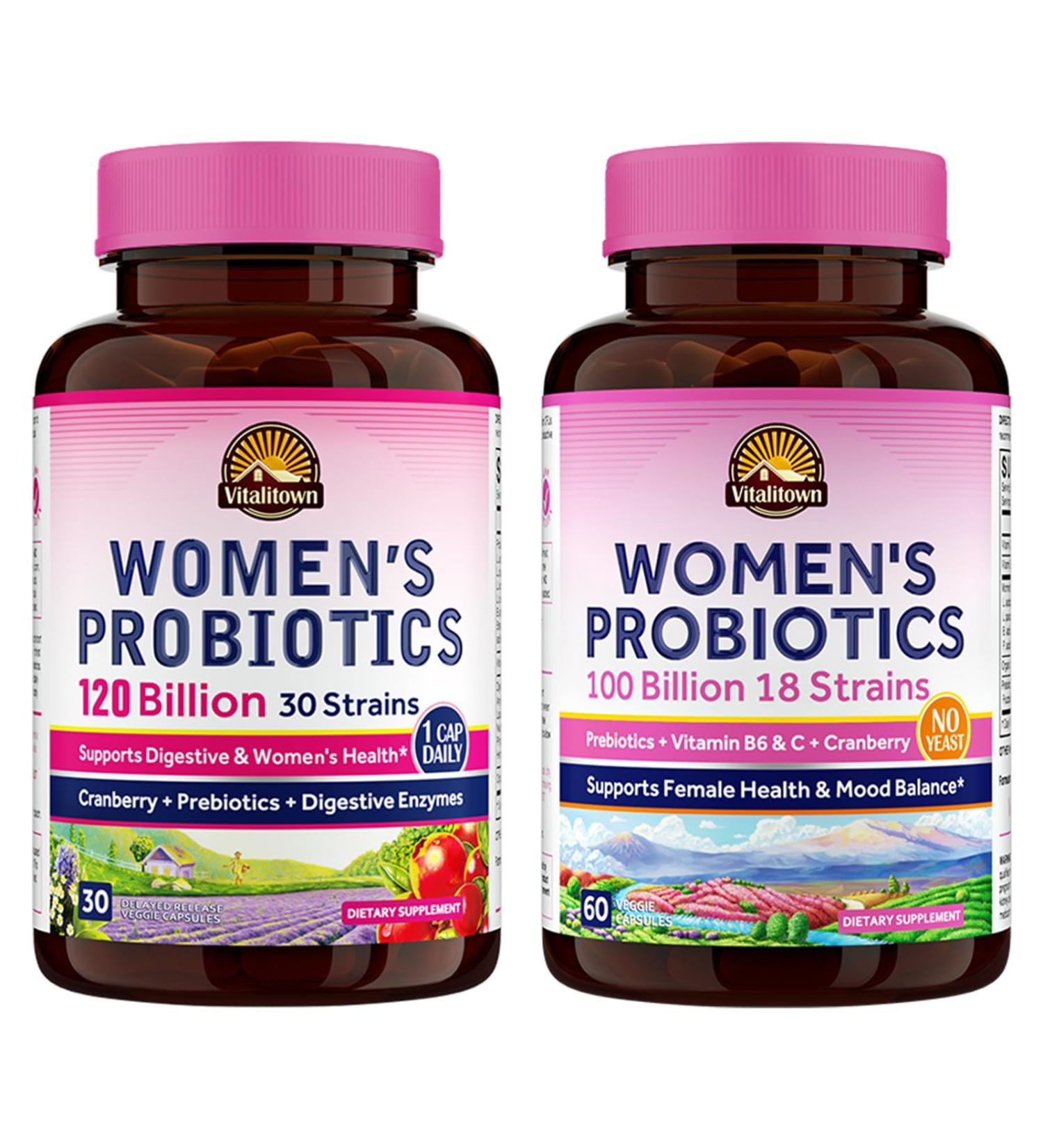 Vitalitown Probiotic Bundle (Pack of 2) | Women s Probiotics 120 Billion (Item 1) & Women s Probiotics 100 Billion (Item 2) | 30 Capsules & 60 Capsules - Buy Online on GoSupps.com