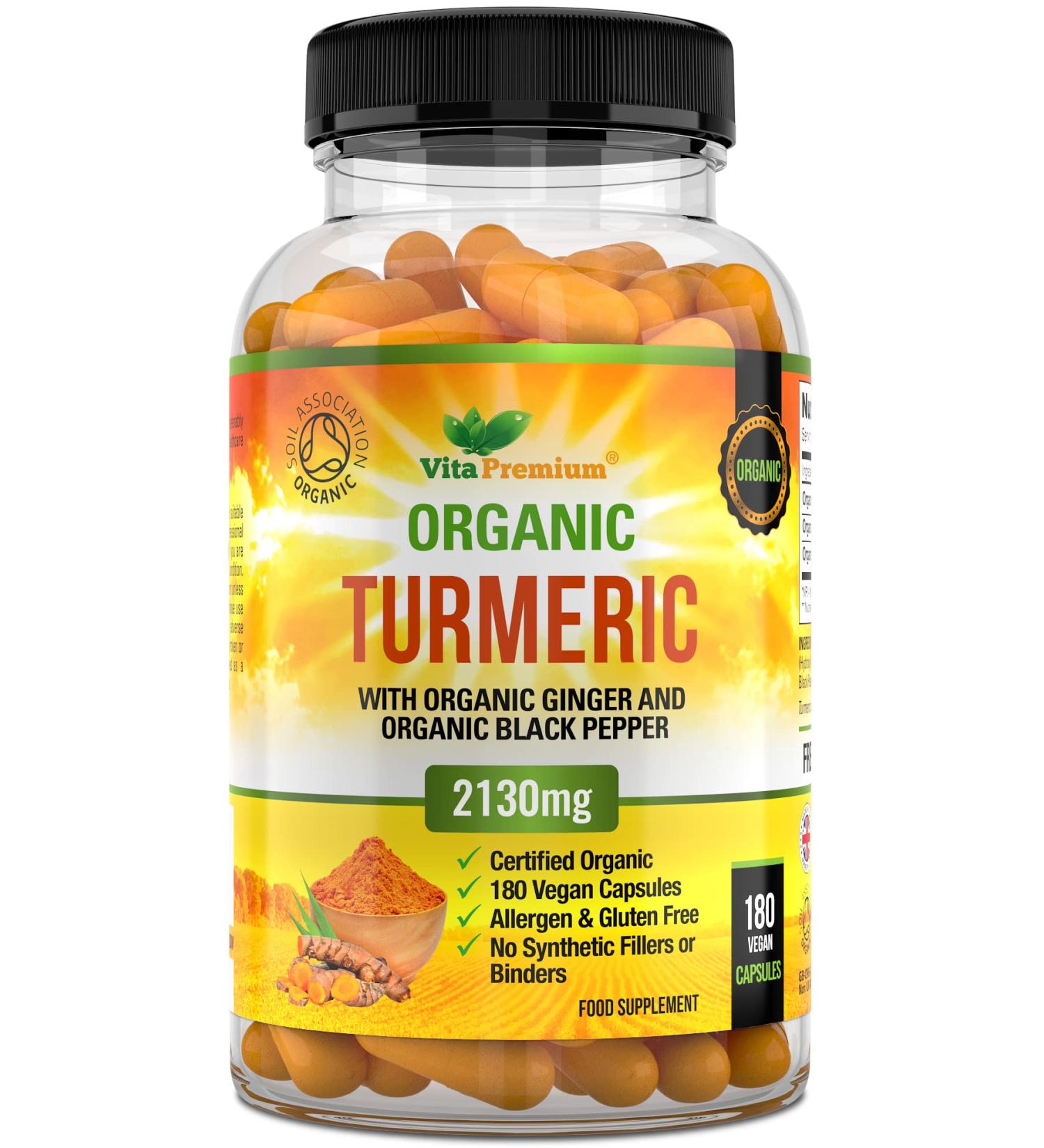 Organic Turmeric Curcumin 2130mg with Ginger & Black Pepper - 180 Vegan Capsules - High Strength Supplement - Buy Online on GoSupps.com