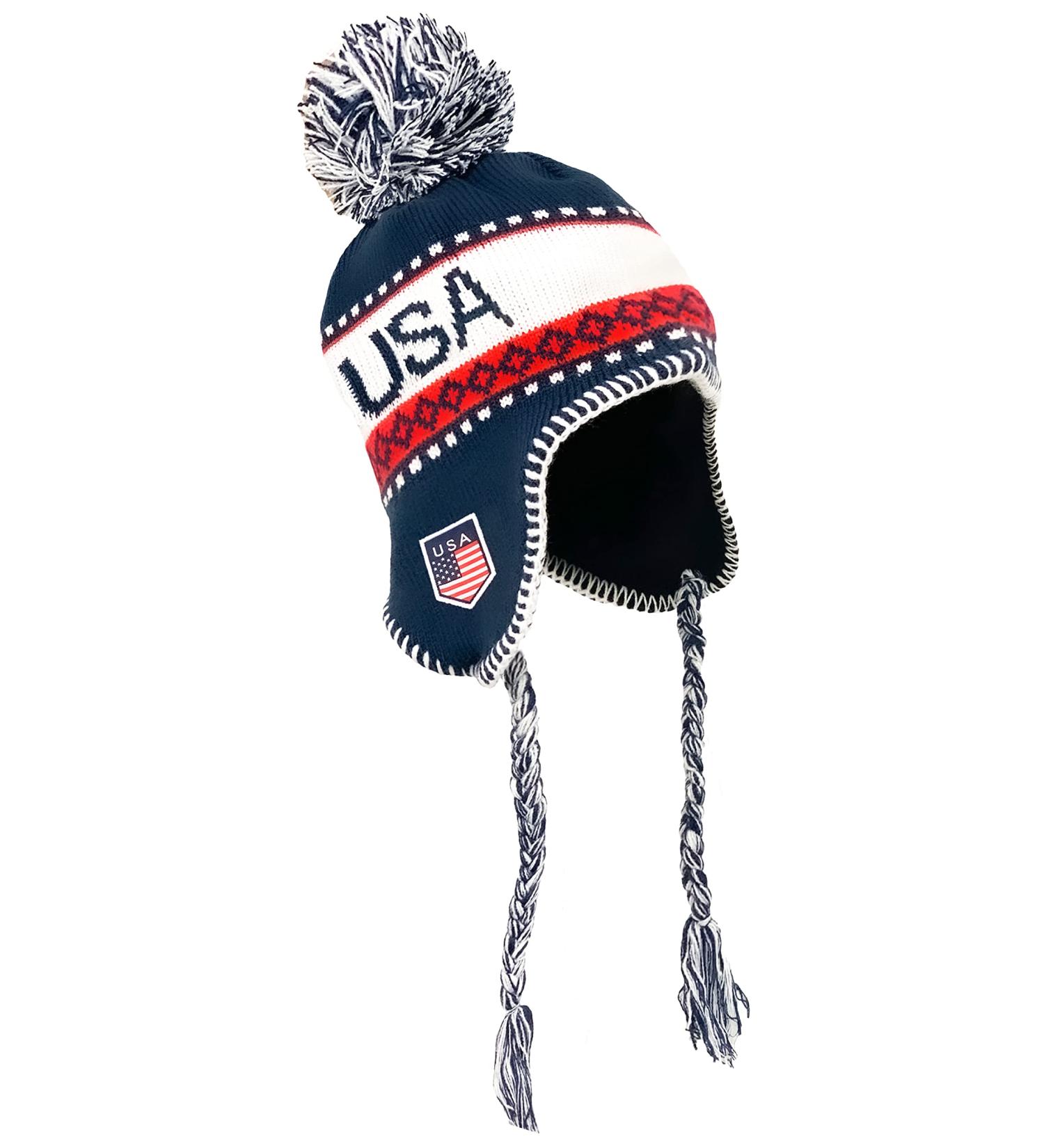 USA Winter Hat Knit Beanie Ski Cap with Pom, Peruvian Style with Ear Flaps and Fleece Lining - Buy Online on GoSupps.com