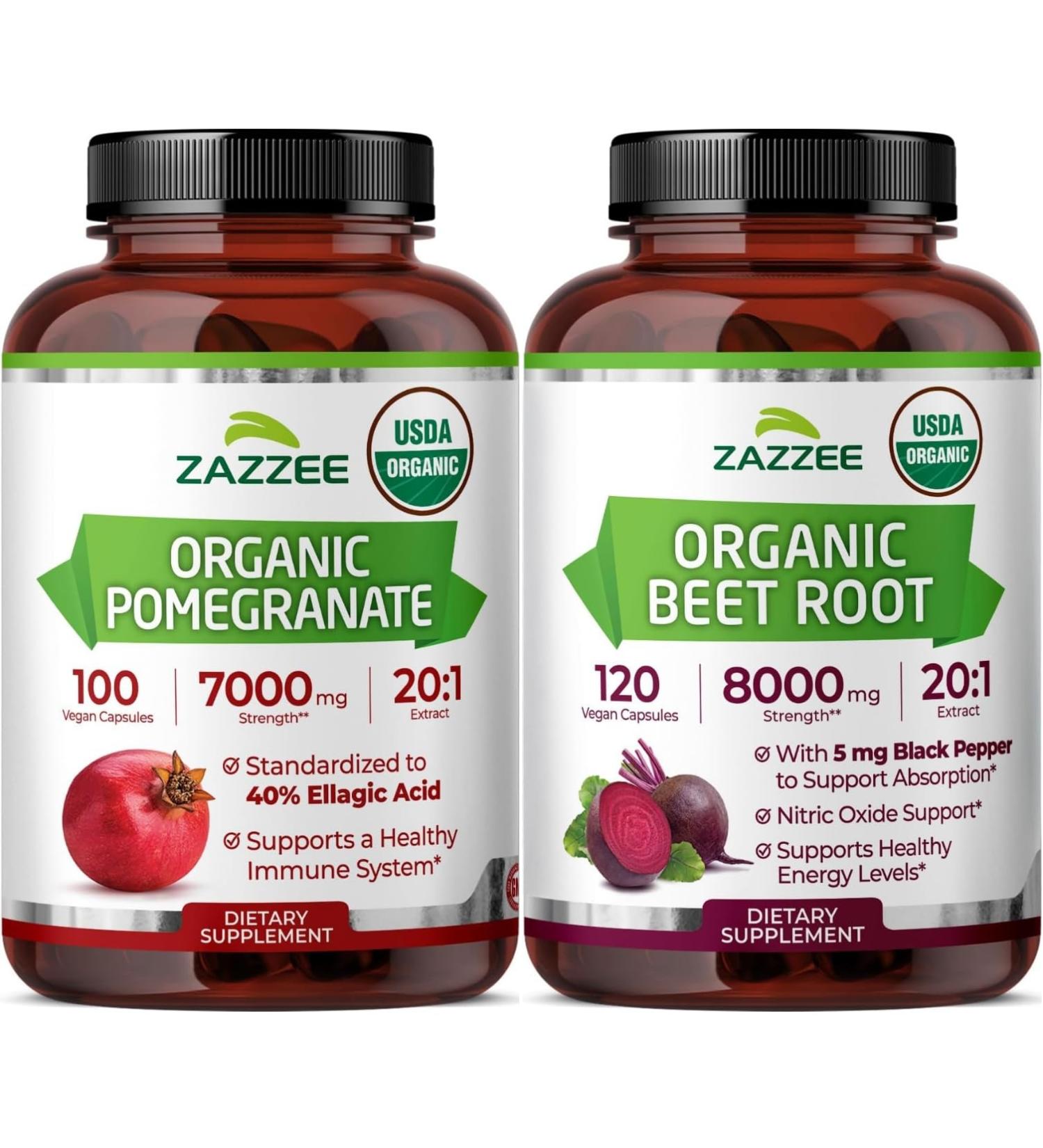 Zazzee Organic Anti Aging Healthy Heart Support Bundle | Antioxidant Rich USDA Organic Beet Root Extract Plus Pomegranate Extract Capsules | Non-GMO Vegan & ISO Lab Tested - Buy Online on GoSupps.com