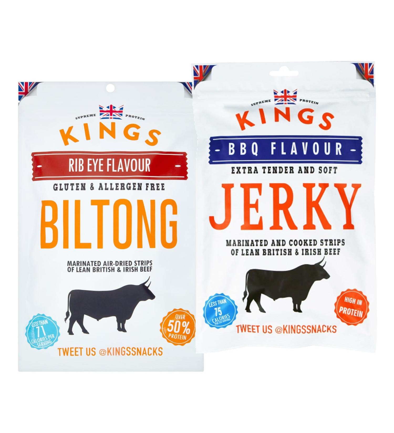 Kings Beef Jerky XXL Big Bag Mix Pack - Ribeye Biltong & BBQ Jerky | High Protein Gluten-Free Snacks (300g & 350g) - Buy Online on GoSupps.com