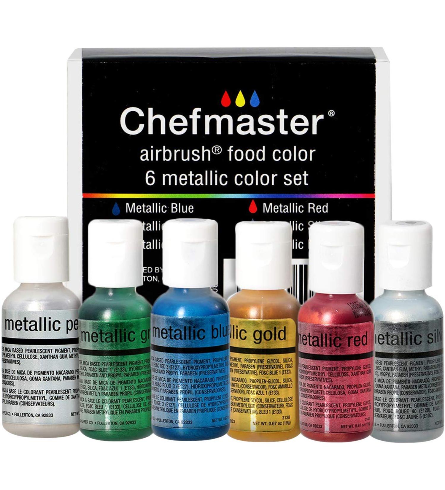 Chefmaster Metallic Airbrush Kit - 6 Pack Food Coloring for Vibrant Designs - Fade-Resistant Sheen - Works with Any Airbrush Tool - Made in the USA - Buy Online on GoSupps.com