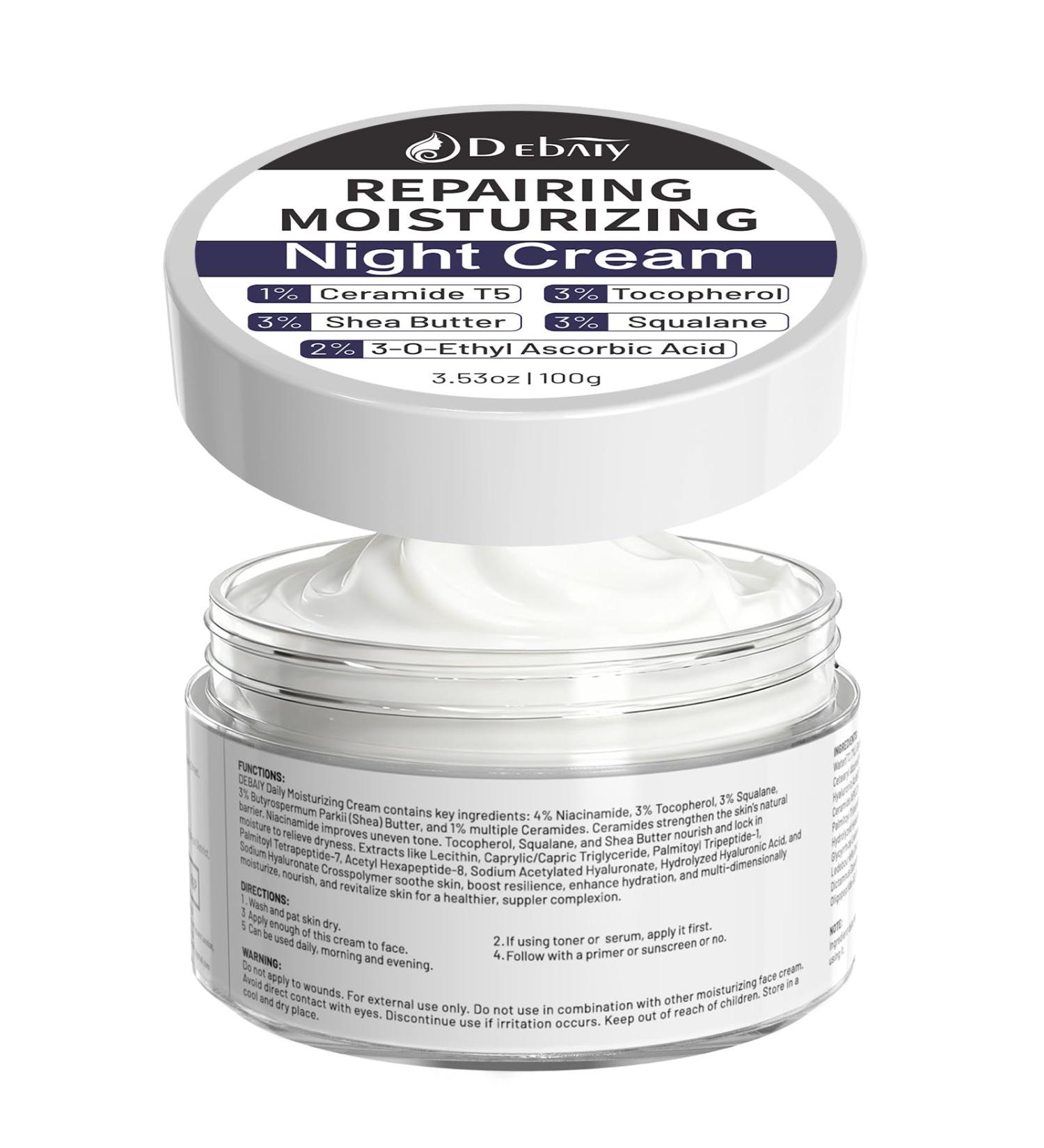 DEBAIY Night Cream Moisturizer Face with 3% Tocopherol 3% Shea Butter 2% Vitamin C 1% Ceramides Boosts Skin Barrier for All Skin Types (3.53oz/100g) - Buy Online on GoSupps.com