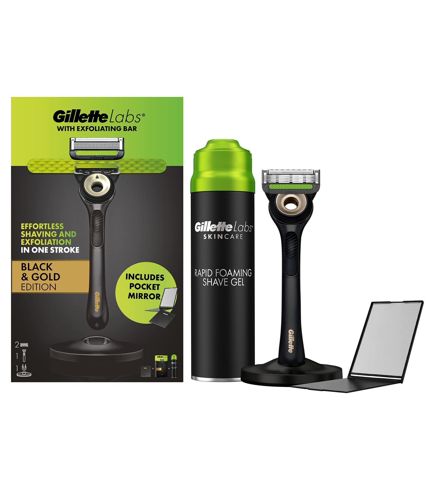 GilletteLabs Men's Razor Gift Set with Exfoliating Bar - Includes 2 Razor Blade Refills, Magnetic Stand, Shave Gel, and Mirror - Buy Online on GoSupps.com