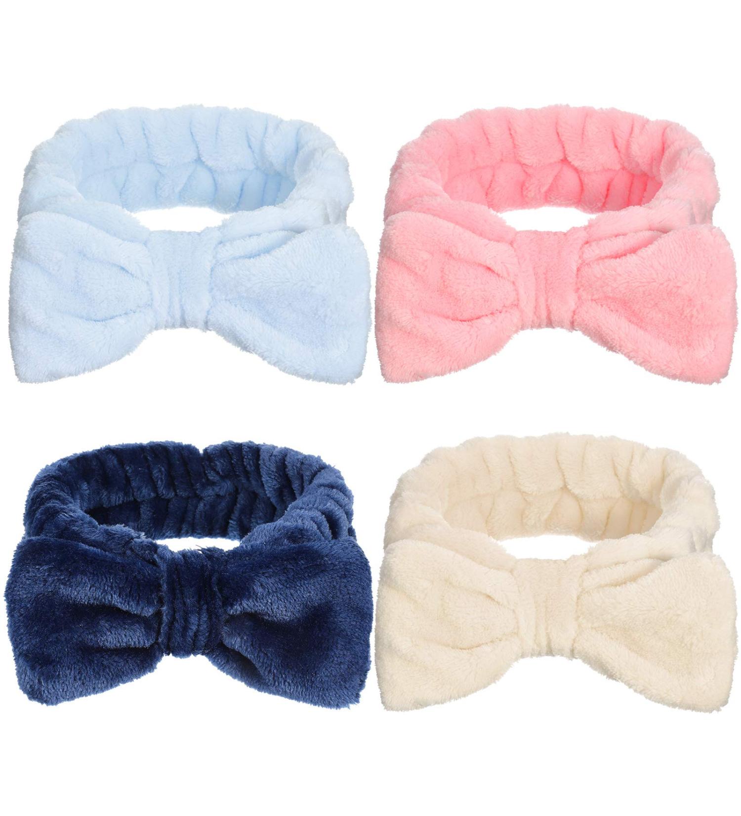 GOTH Perhk 4 Pack Spa Bowknot Hair Bands Coral Fleece Makeup Headband Elastic Head Wrap for Washing Face Shower Yoga Sports Skincare(Beige Pink Blue Navy Blue) - Buy Online on GoSupps.com