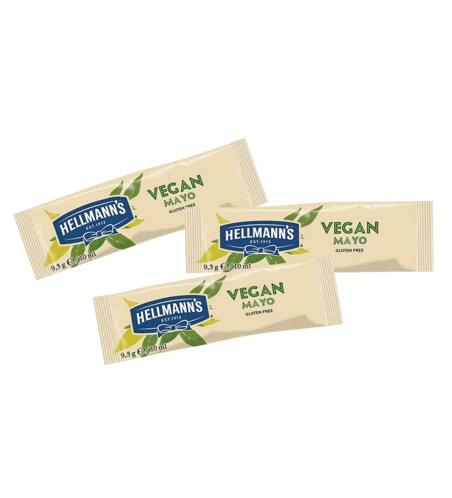 Hellmann's Vegan Mayo 50 sachets Ideal for on the go and while out and about. Vegan alternative to mayonnaise With Original Hellmann's Taste Gluten Free Suitable for Vegans