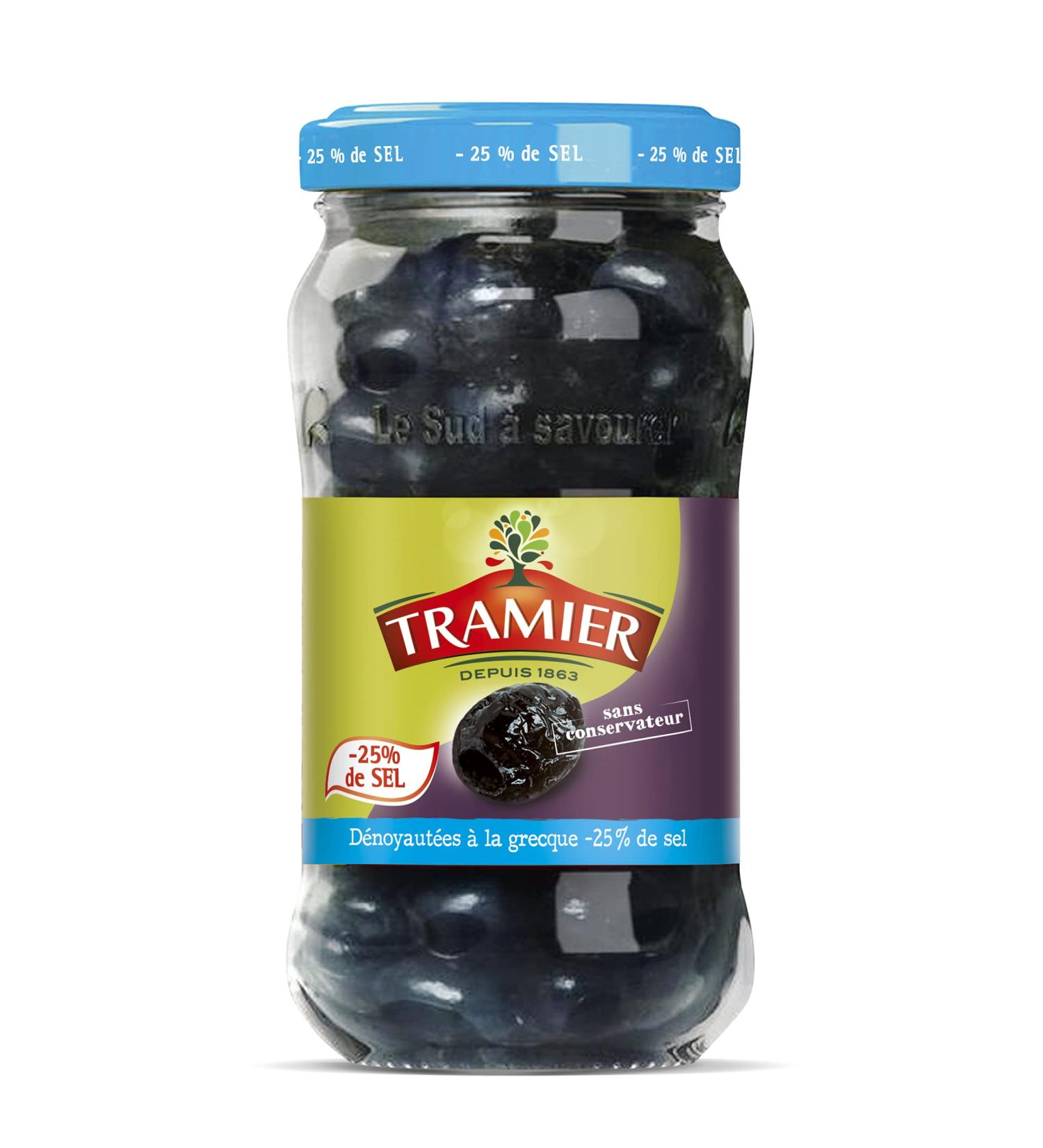 Tramier Pitted Black Greek Olives -25% Salt (1 x 220 g) table olives from Morocco pitted olives ideal for aperitifs & recipes - Buy Online on GoSupps.com